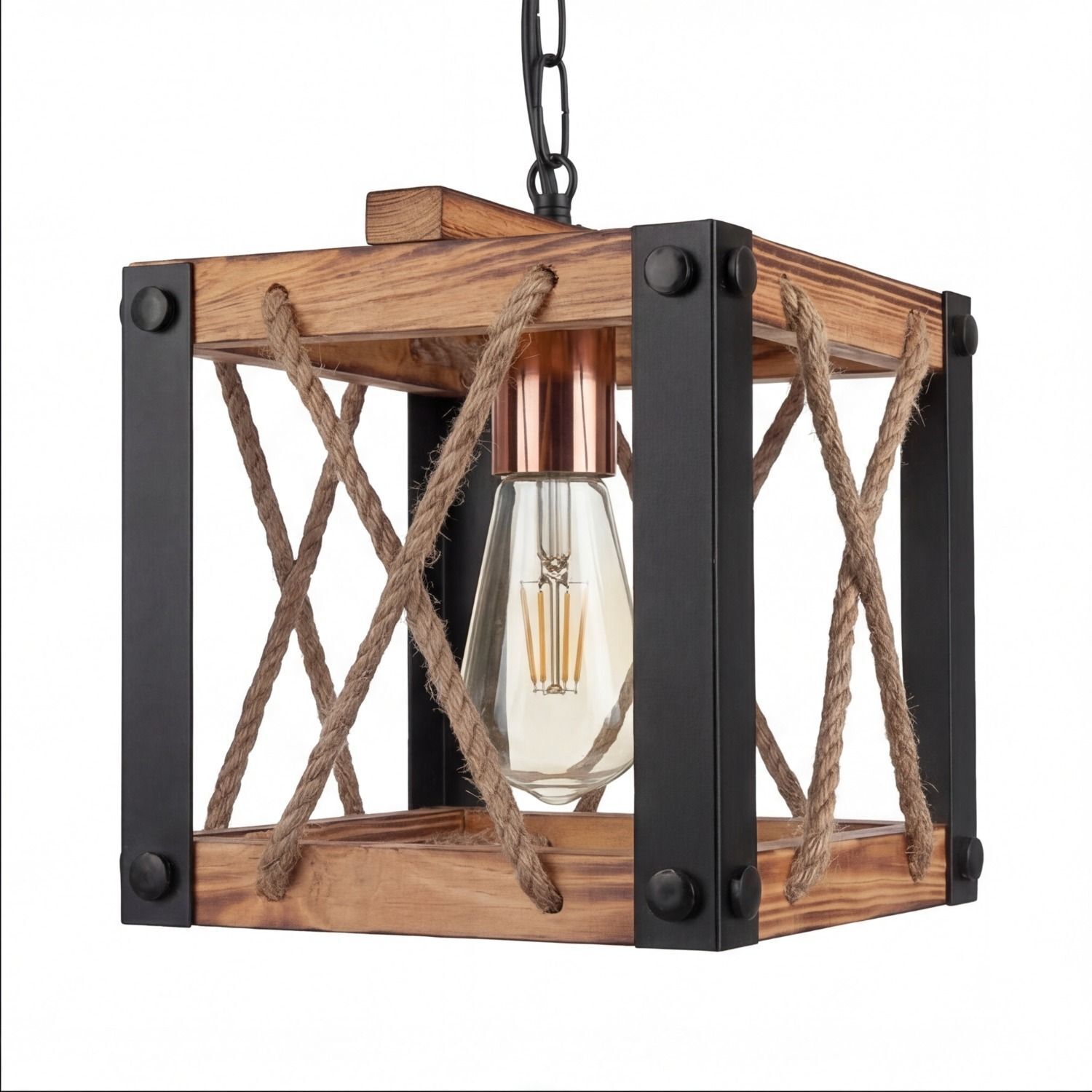 Hängeleuchte, Holzrahmen, Seilakzente, industriell, Glühbirne sichtbar