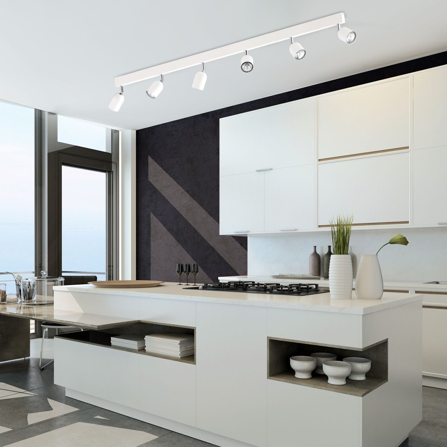 Großer Deckenstrahler Weiß Metall 6-flammig 127 cm lang Drinnen, Innenarchitektur, Küche, Kücheninsel, Kochfeld