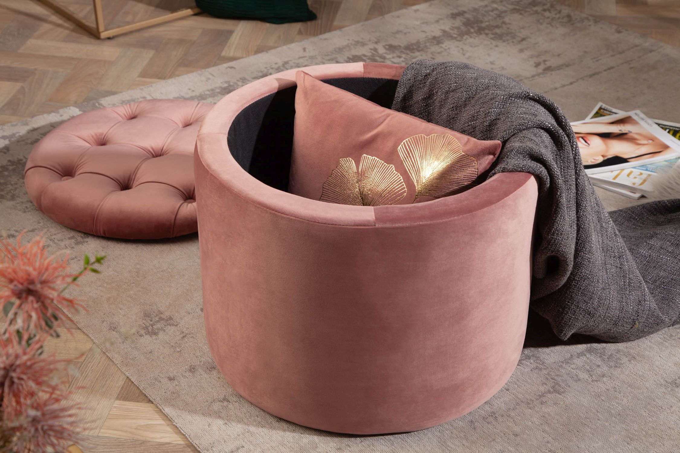 Samthocker mit Stauraum Rosa Ø 50 cm H: 43 cm Chesterfield Moebel