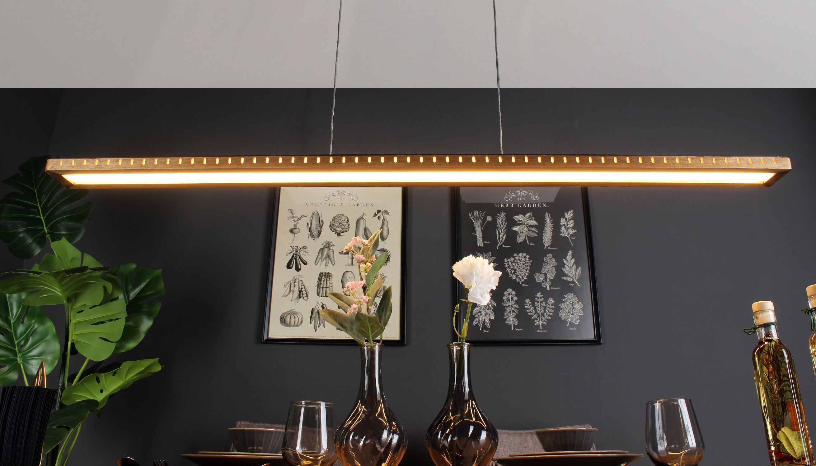 Pendelleuchte, Hängelampe, Lineare LED, Holzrahmen, Esstischleuchte