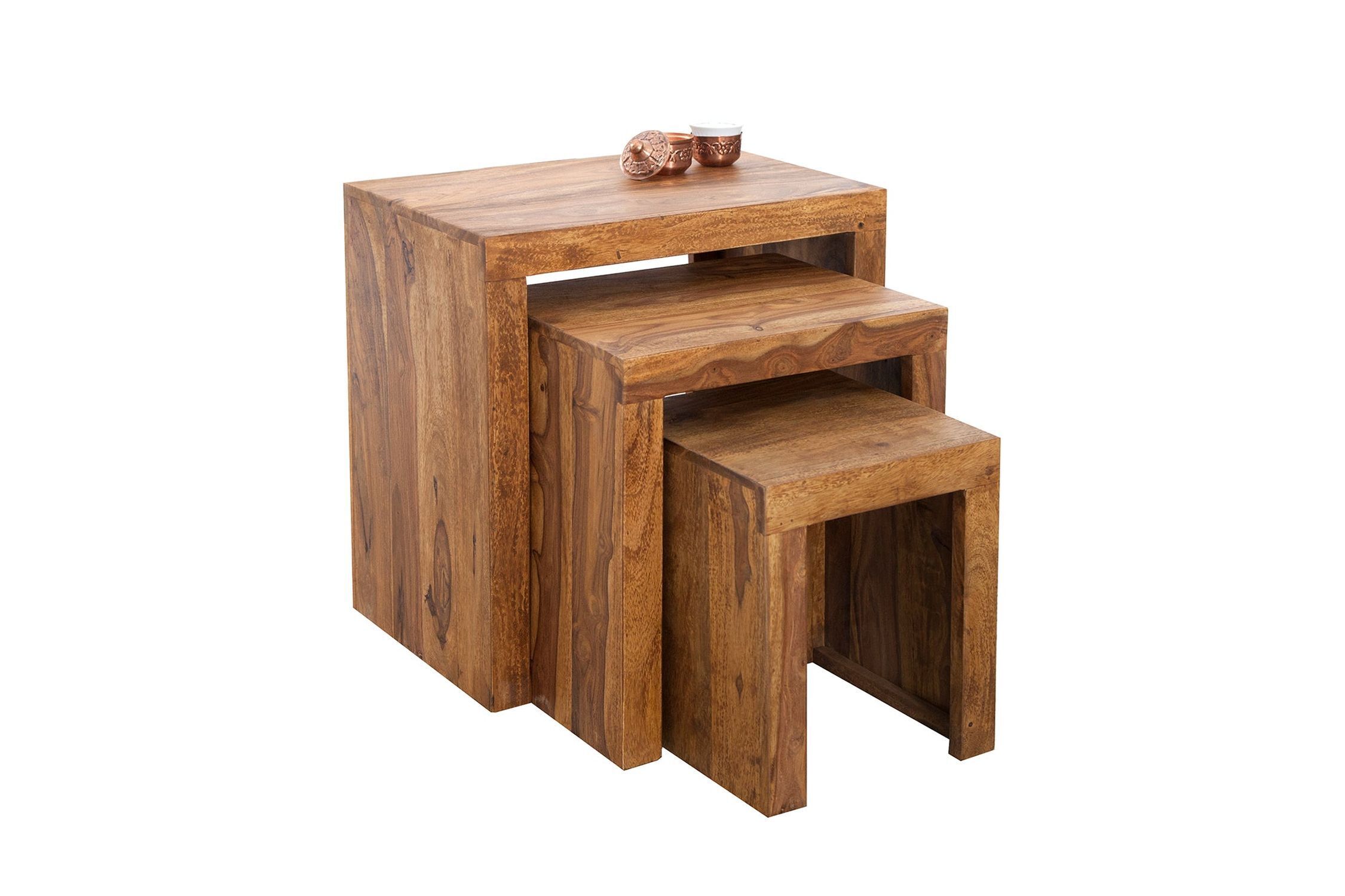 Beistelltisch 3er Set Sheesham Holz in Natur eckig Holz, Mobiliar, Tabelle, Hartholz, Esstisch