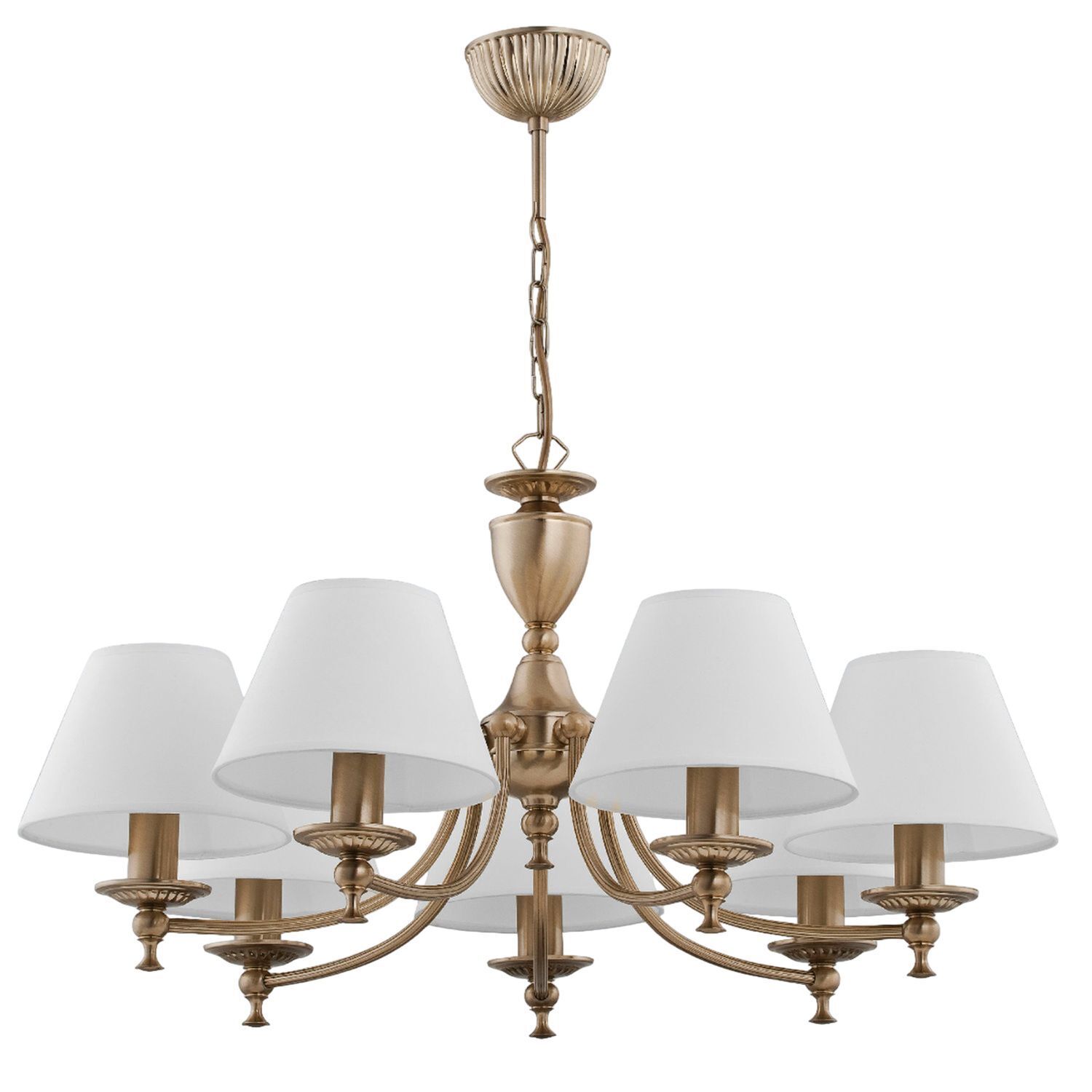 Kronleuchter, Goldfarbenes Finish, Weiße Lampenschirme, Deckenpendel, Mehrarmig