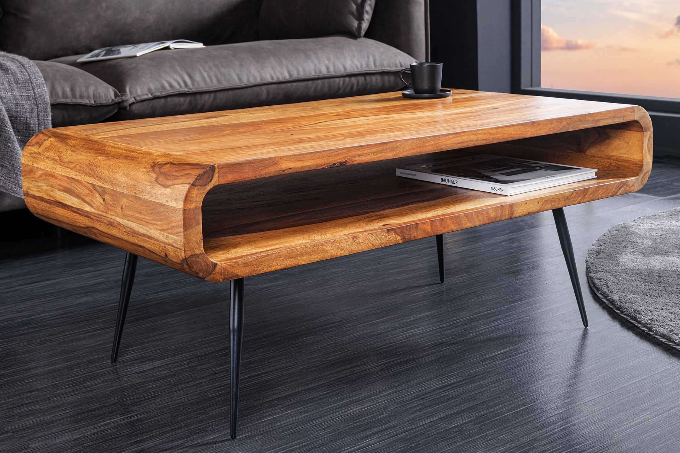 Couchtisch Sheesham Holz Metall 90 x 50 cm Hartholz, Tabelle, Holz, Gebeiztes Holz, Kaffeetisch