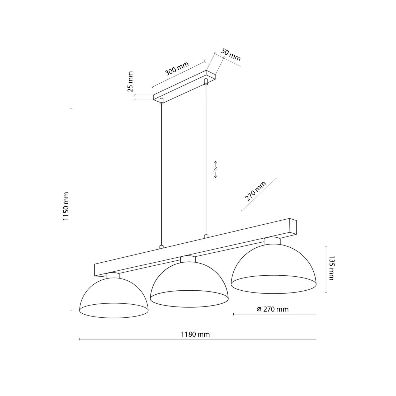 Hängeleuchte 118 cm lang H: max. 115 cm Holz Metall 3x E27