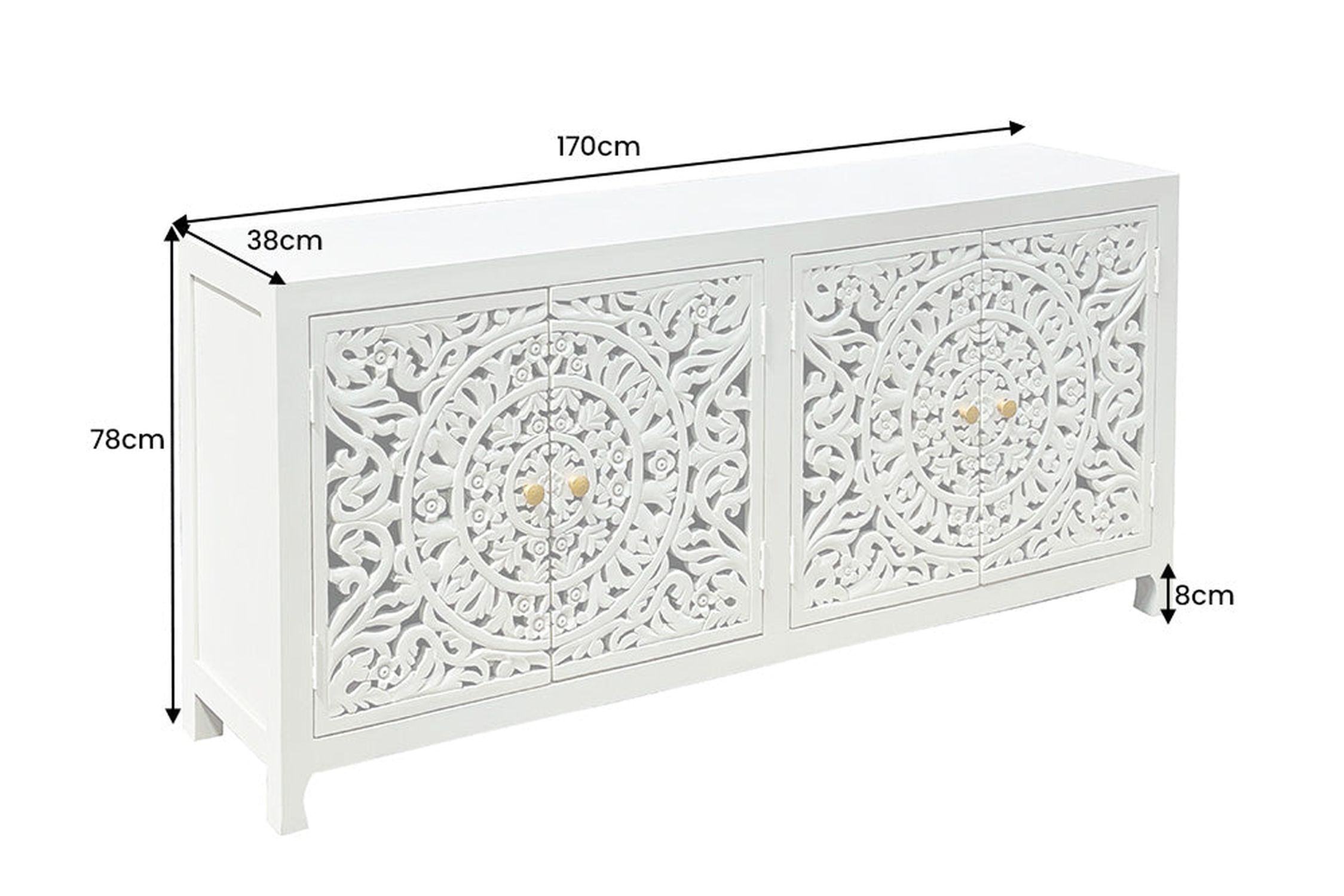Sideboard Holz 170 cm Weiß Gold Handarbeit dekorativ Moebel, Anrichte, Tabelle, Kabinett, Töpferei