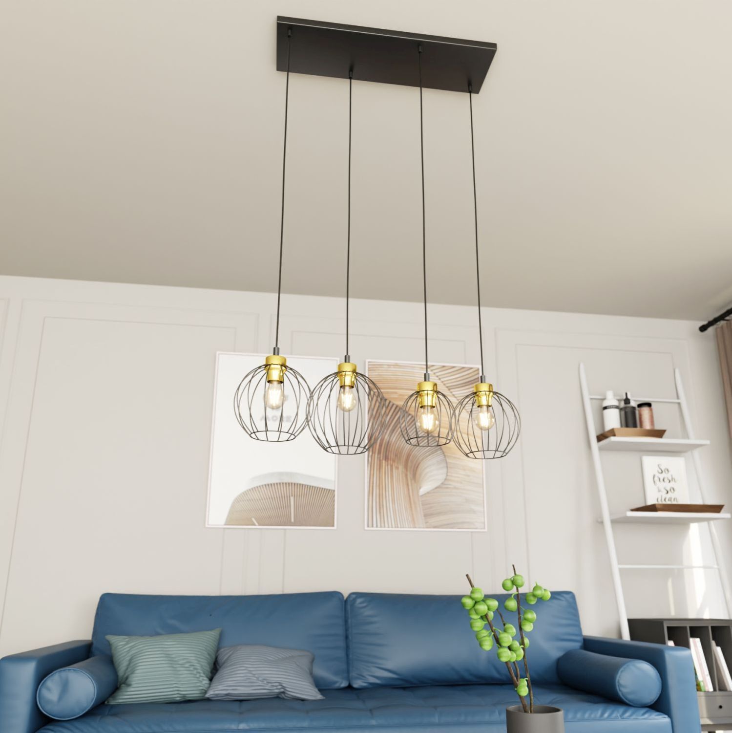 Längliche Hängelampe Schwarz Gold L:83 cm E27 stilvoll