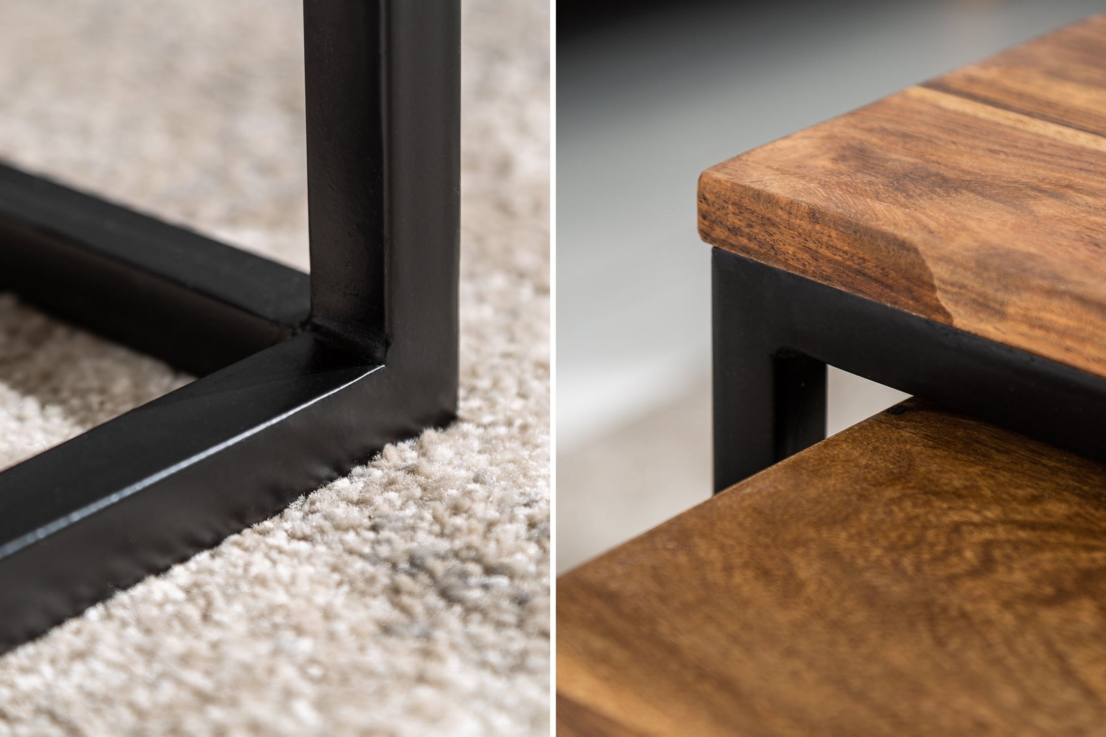 Couchtisch 2er Set Sheesham Holz Metall Hartholz, Holz, Innenarchitektur, Gebeiztes Holz, Kaffeetisch