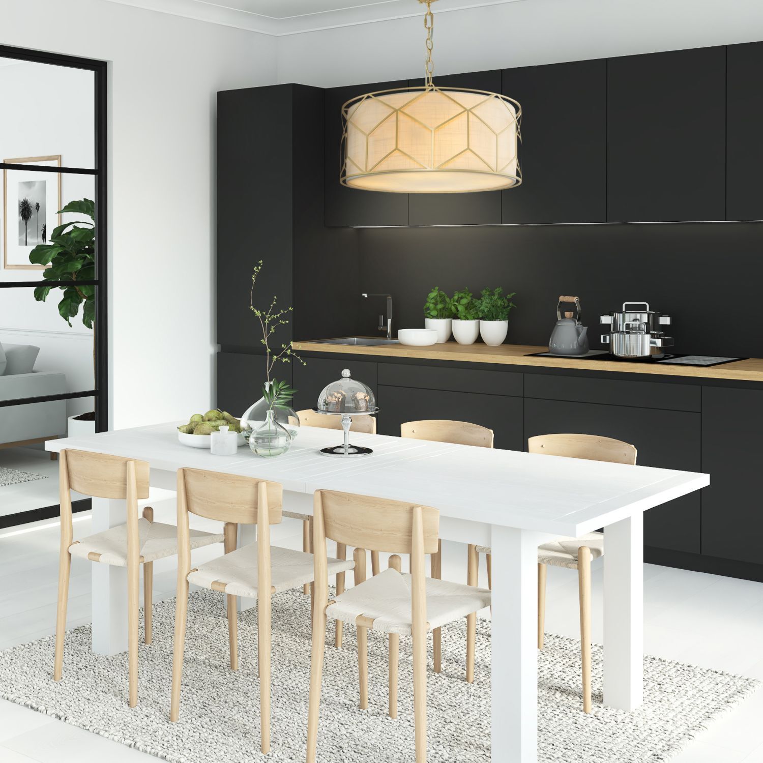 Hängelampe Metall Stoff Ø 45 cm rund H: max. 76,8 cm Speisesaal, Esstisch, Drinnen, Tabelle, Innenarchitektur