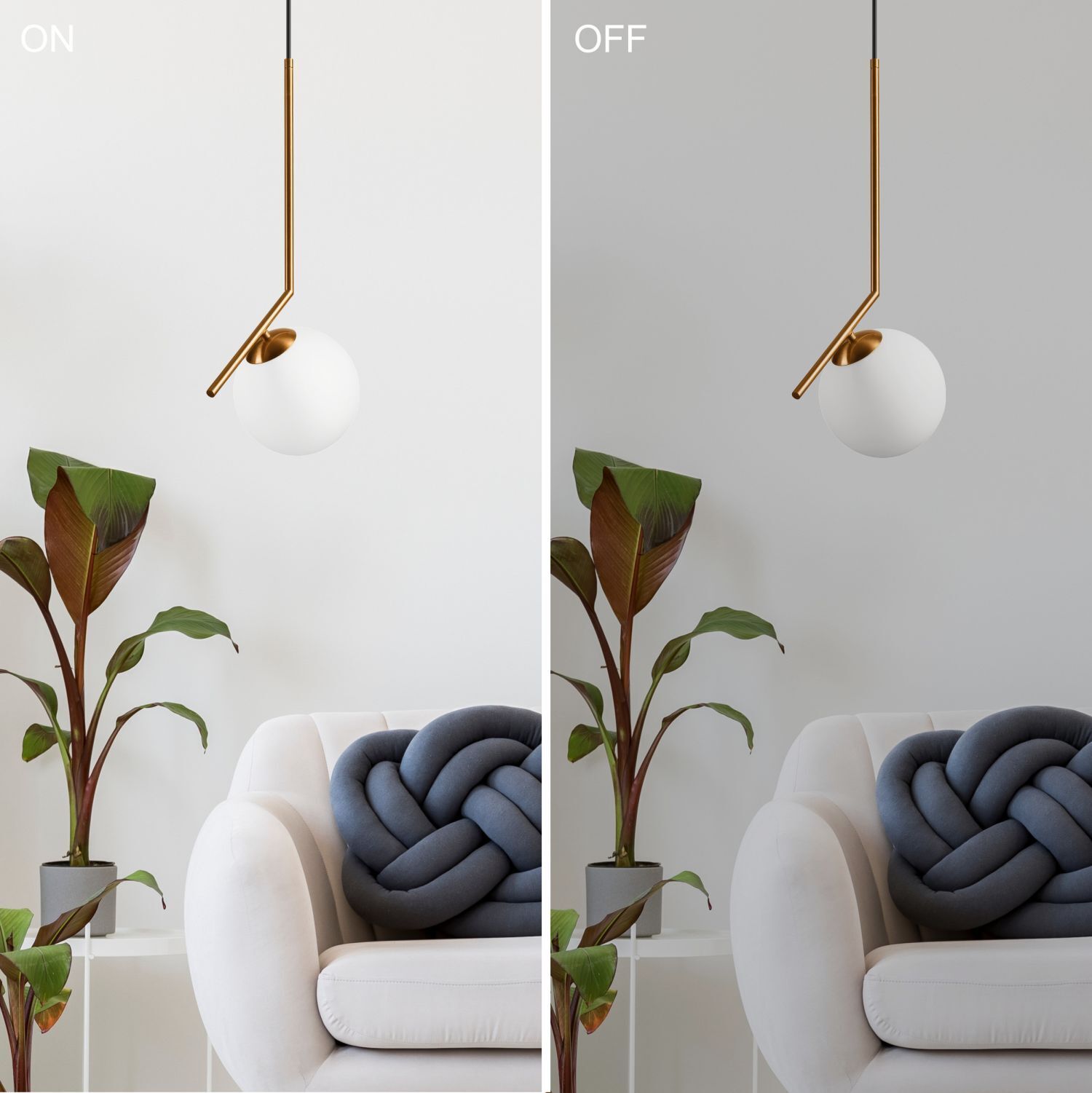 Pendelleuchte Glaskugel Metall in Messing Weiß Ø30 cm Pflanze, Lampe, Knoten