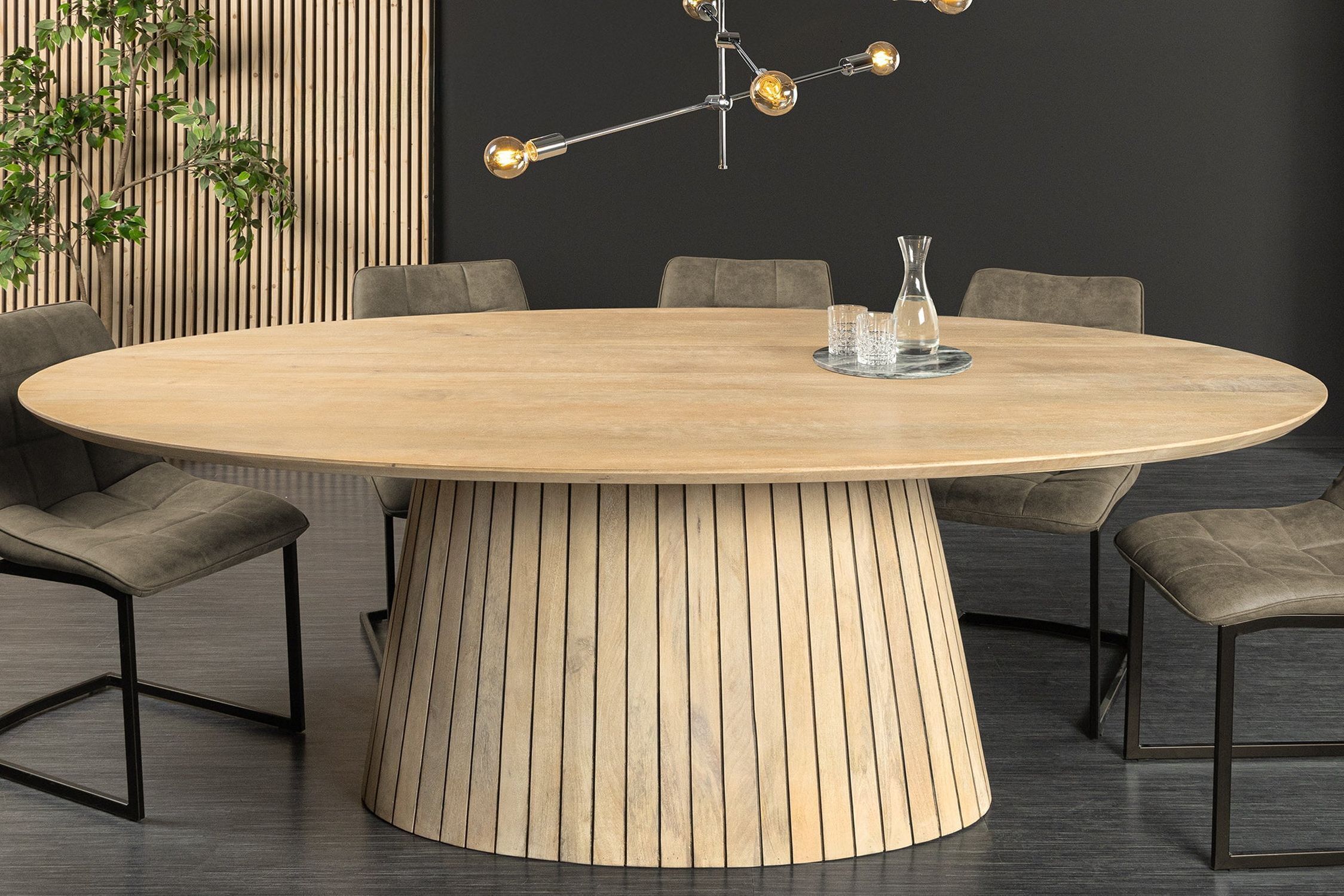 Esstisch oval Holz 220 cm lang Japandi Säulenfuß