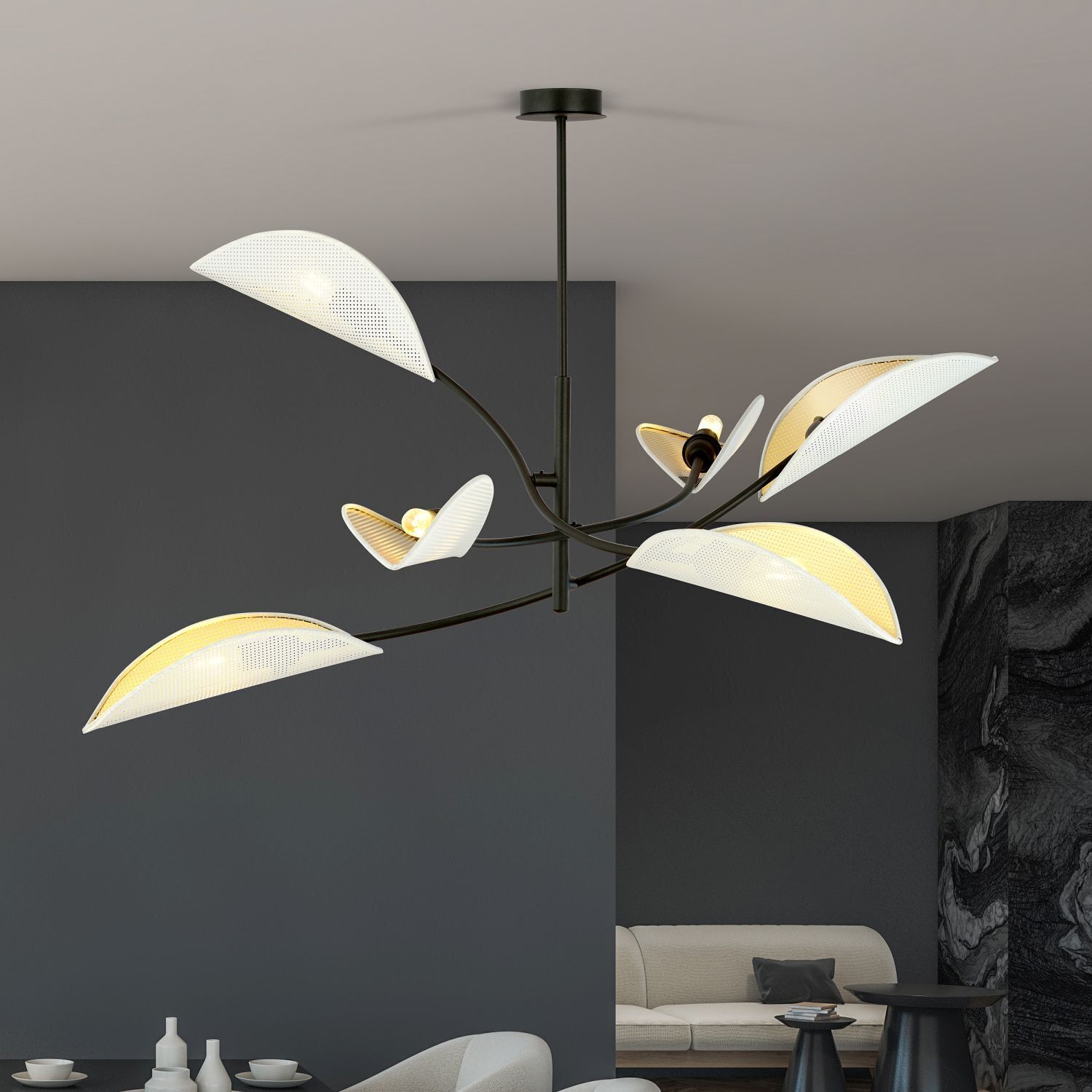 Deckenleuchte Stoff Metall L: 102cm drehbar Schwarz Weiß Gold Lampe, Kronleuchter, Deckenventilator, Gerät, Elektrisches Gerät