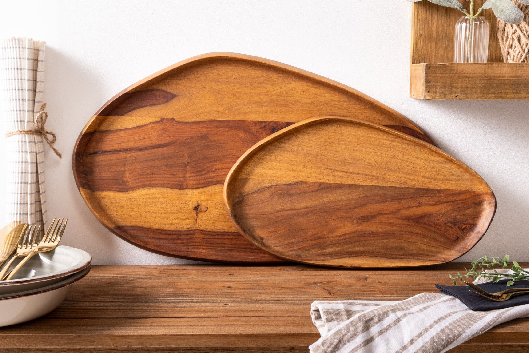 Tablett 2er Set Sheesham Holz massiv Handarbeit Holz, Hartholz, Gebeiztes Holz, Innenarchitektur, Gabel