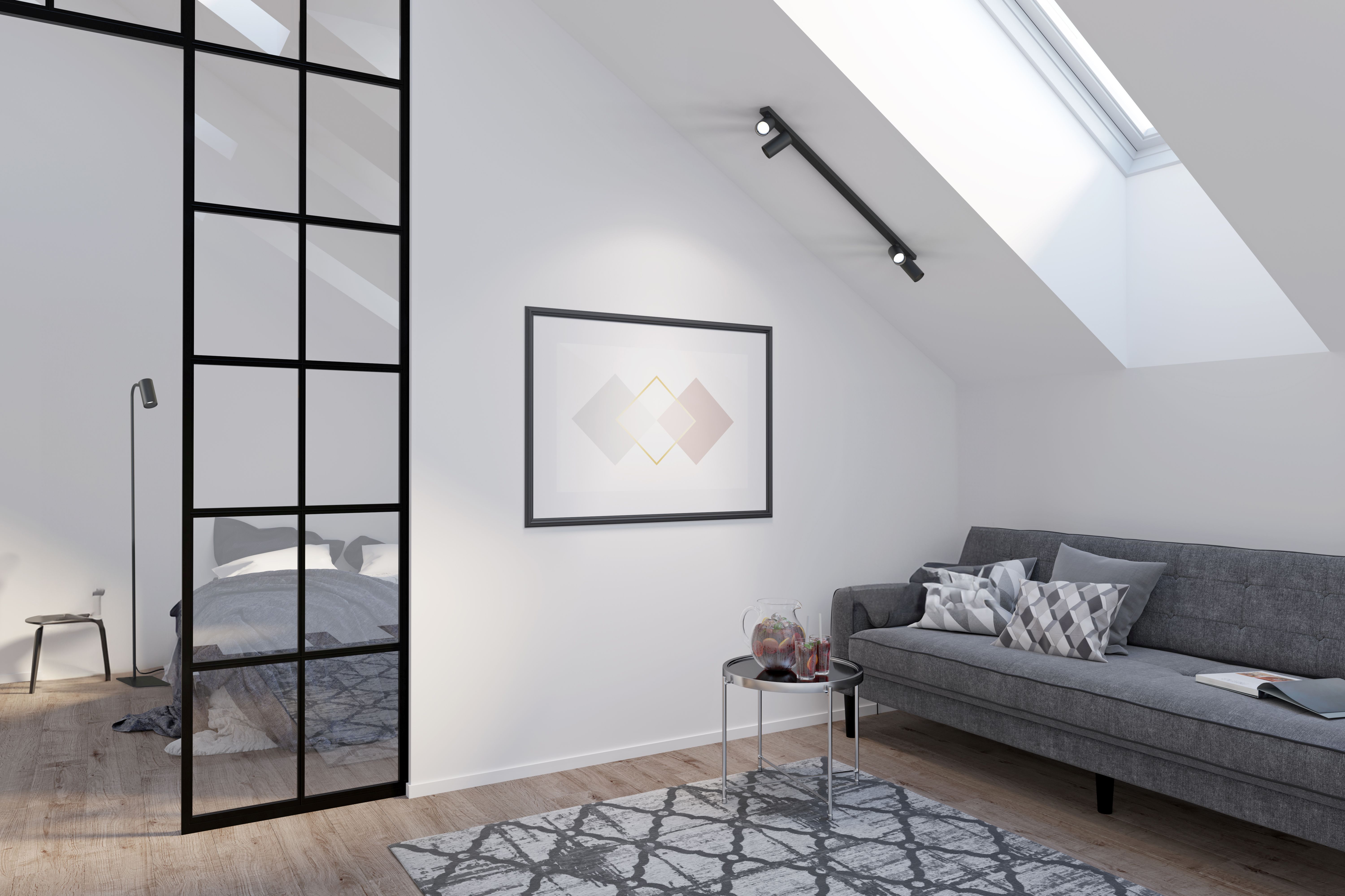 Wohnzimmer, Sofa, Graue Einrichtung, Teppich, Bild