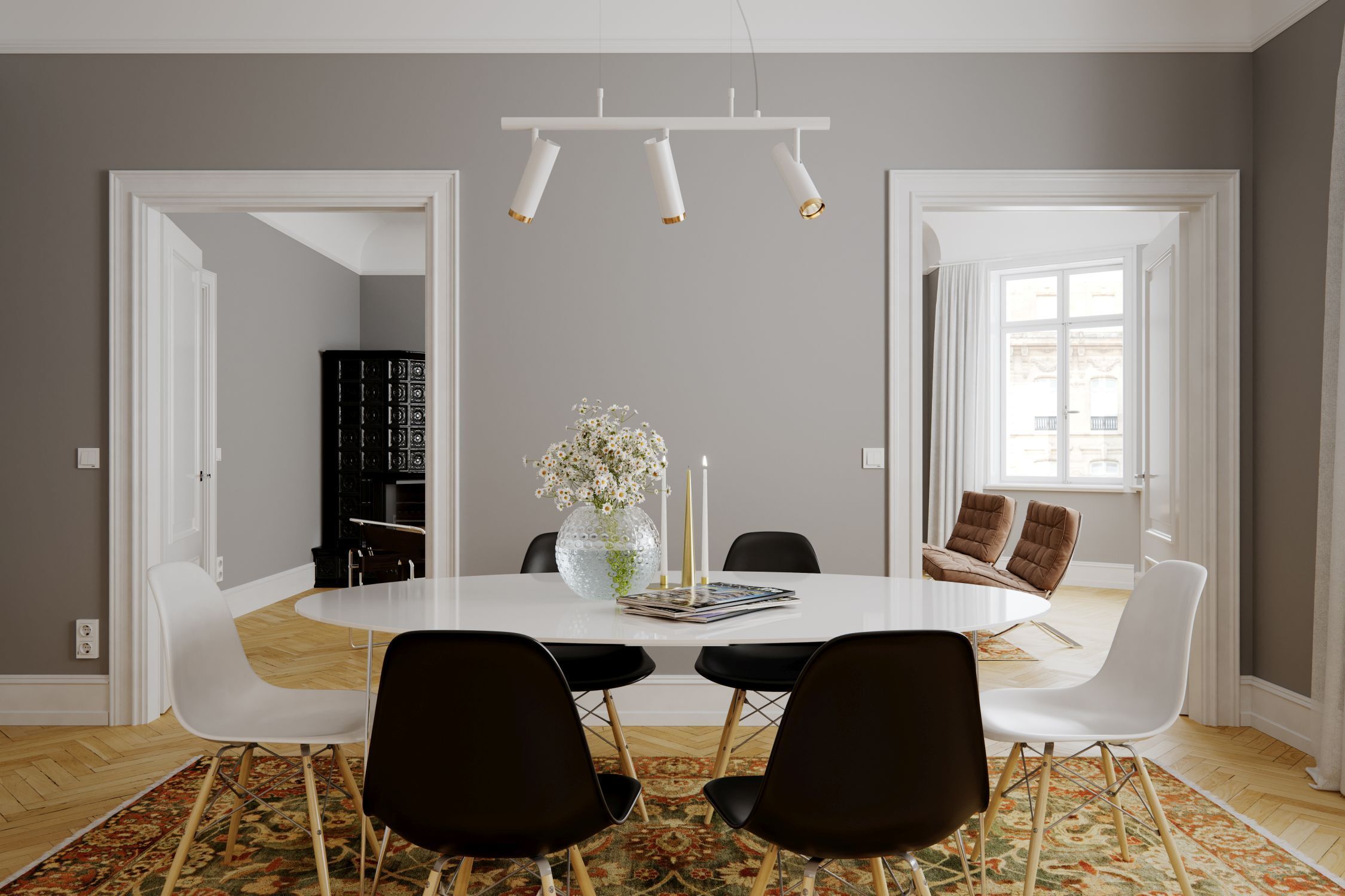 Pendelleuchte 3-flammig 80 cm breit H: max. 140 cm GU10 Speisesaal, Esstisch, Tisch, Dekoration für Zuhause, Tischplatte