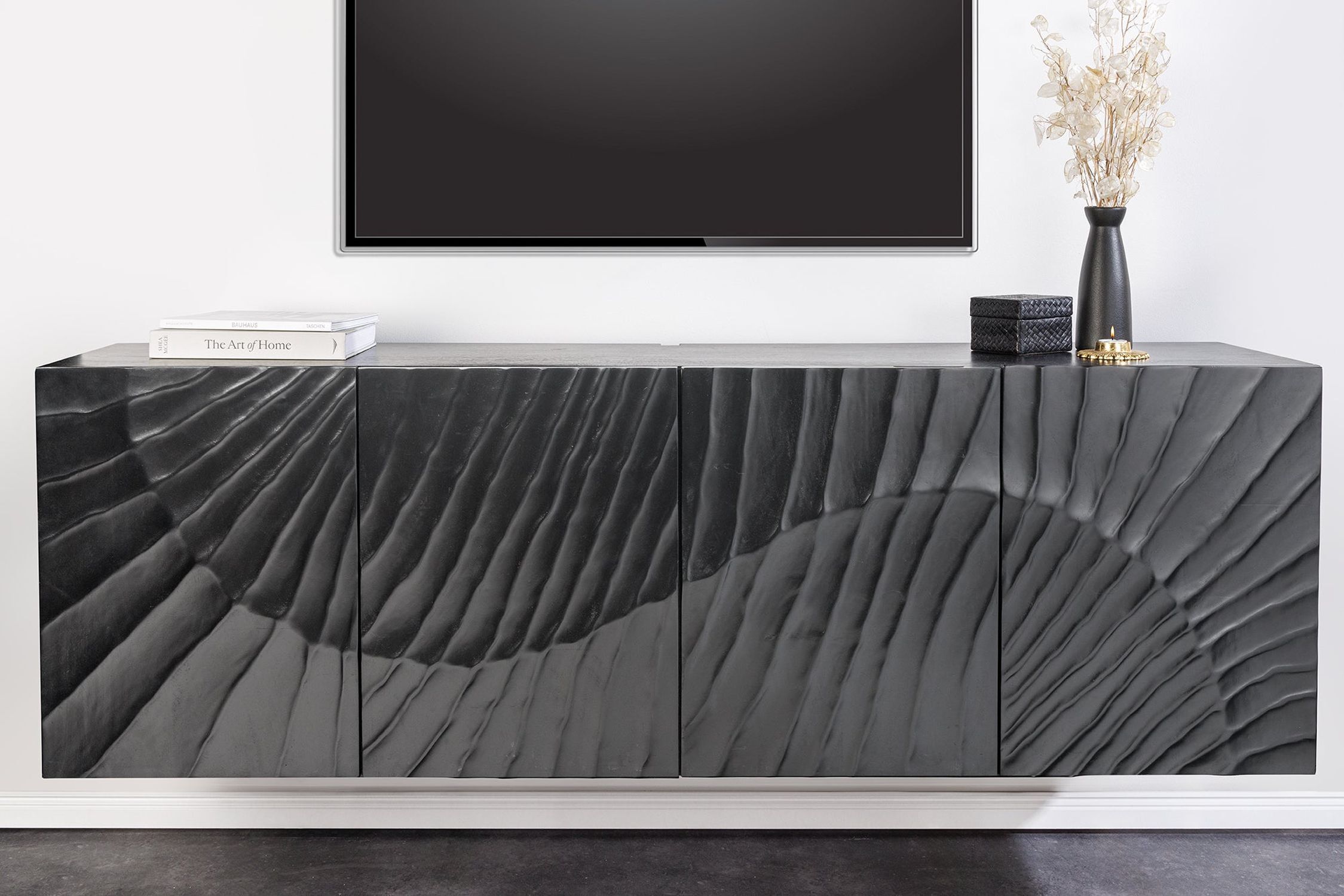 Hängesideboard Schwarz Holz 177 cm breit Handarbeit 3D-Motiv
