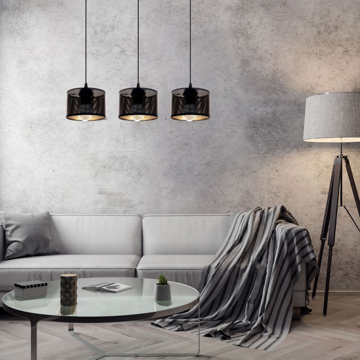 Lange Hängelampe Metall Schwarz Gold E27 3-flmg 65 cm Wohnzimmer, Wohnsofa, Pendelampen, Stehlampe, Dekoration