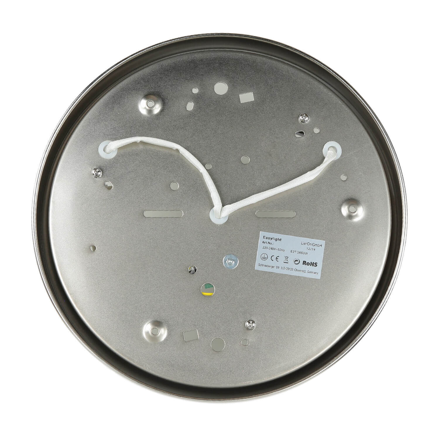 Deckenleuchte, Metallscheibe, Elektronik, weißes Kabel, runder Deckel