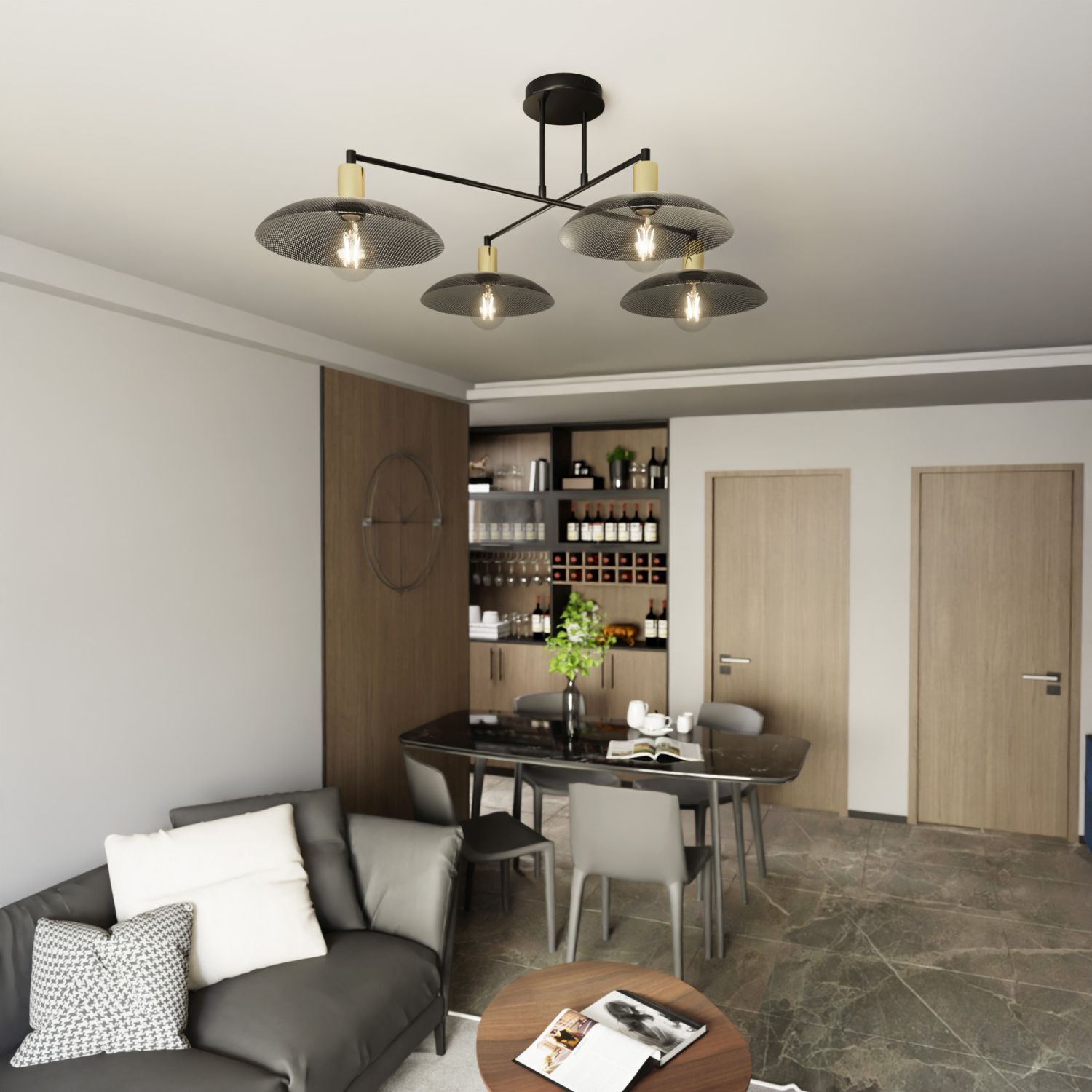 Deckenlampe groß 100 cm lang in Schwarz Gold 4x E27 Metall Drinnen, Innenarchitektur, Wohnzimmer, Tabelle, Stuhl