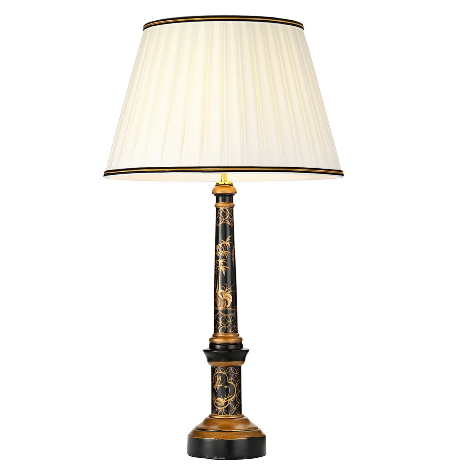 Tischlampe groß 87 cm Stoff Holz in Creme Schwarz Gold