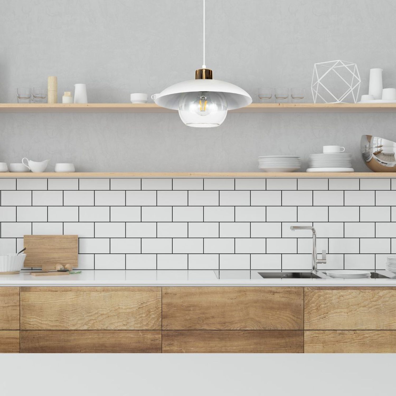 küchen, pendel lampe, weiße fliese, holzakten, spüle