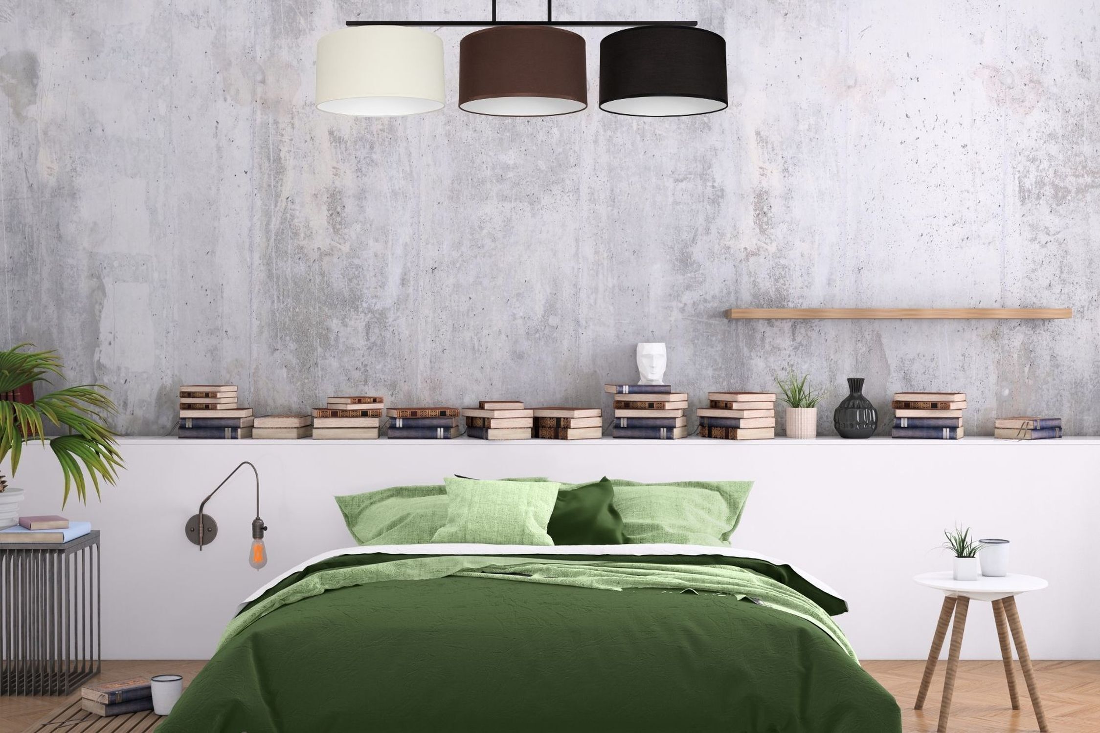 King-size-Bett, grüne Bettwäsche, grüne Decke, Zeitgenössische Lampe, Dekor Bücher