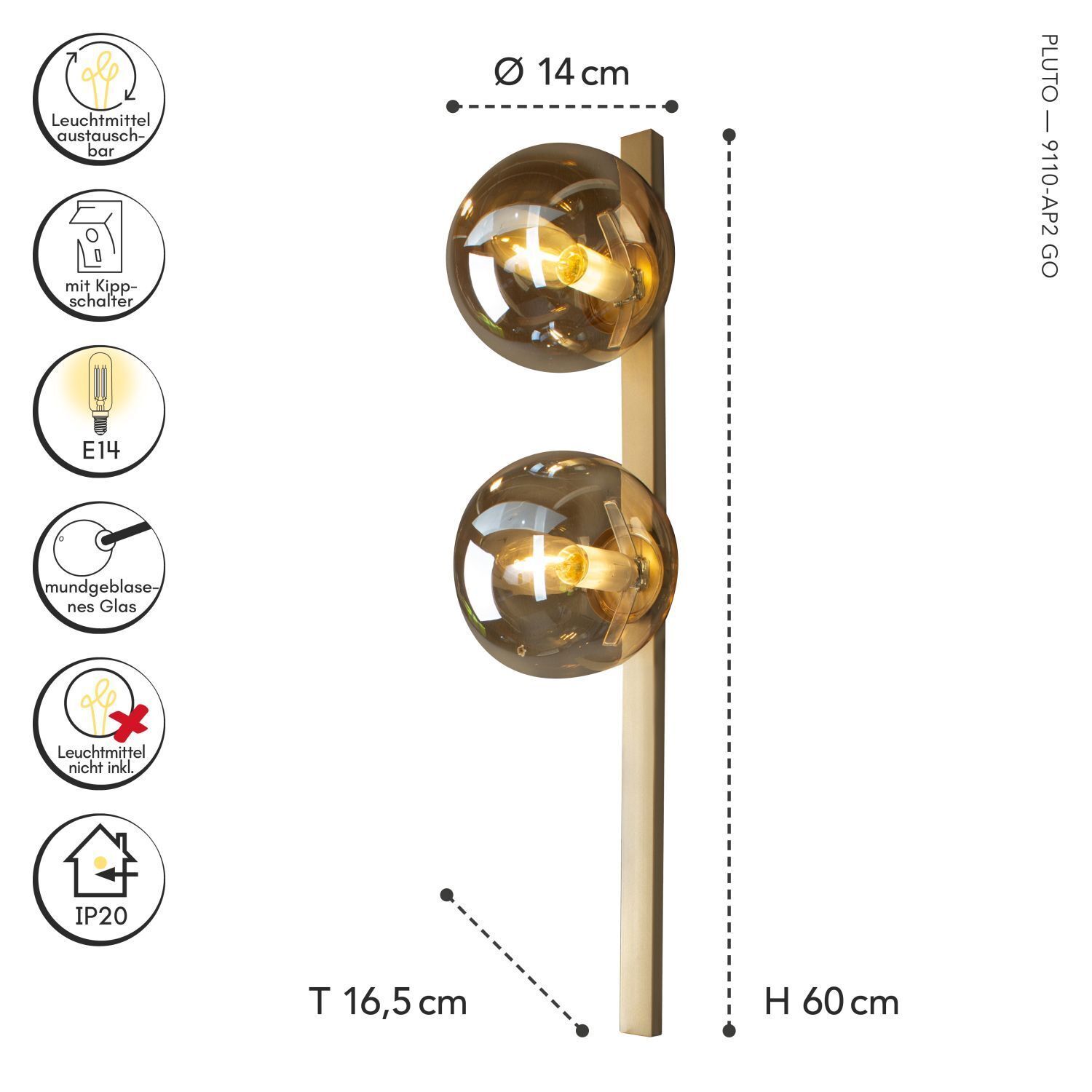 Wandlampe Gold Bernstein Glaskugel E14 H:60 cm 2-flmg