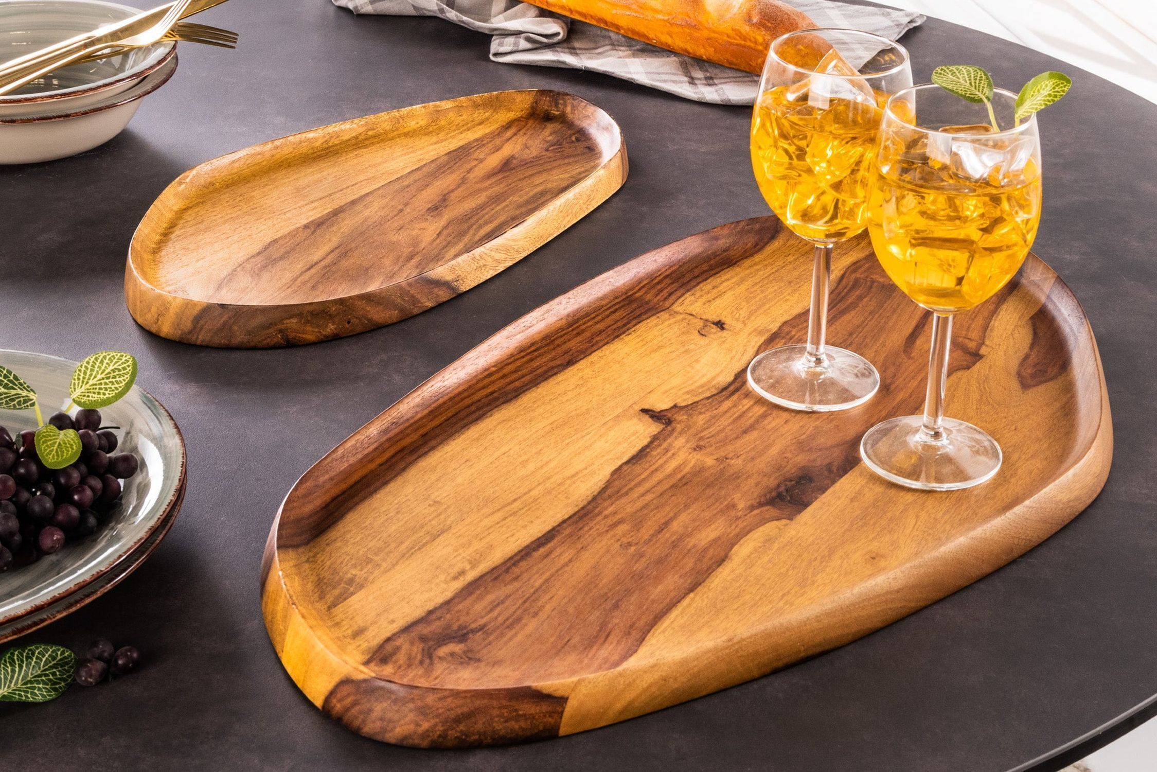 Tablett 2er Set Sheesham Holz massiv Handarbeit Hartholz, Holz, Gebeiztes Holz, Essen