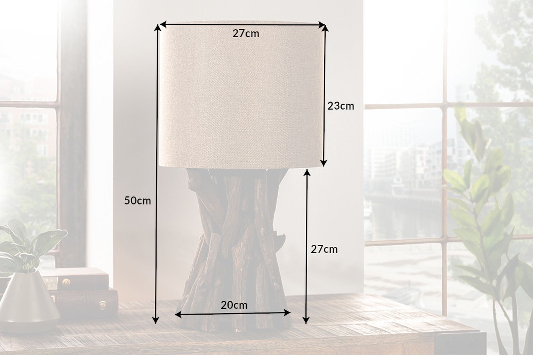 Blendarme Tischleuchte Holz Leinen 50 cm E27 wohnlich