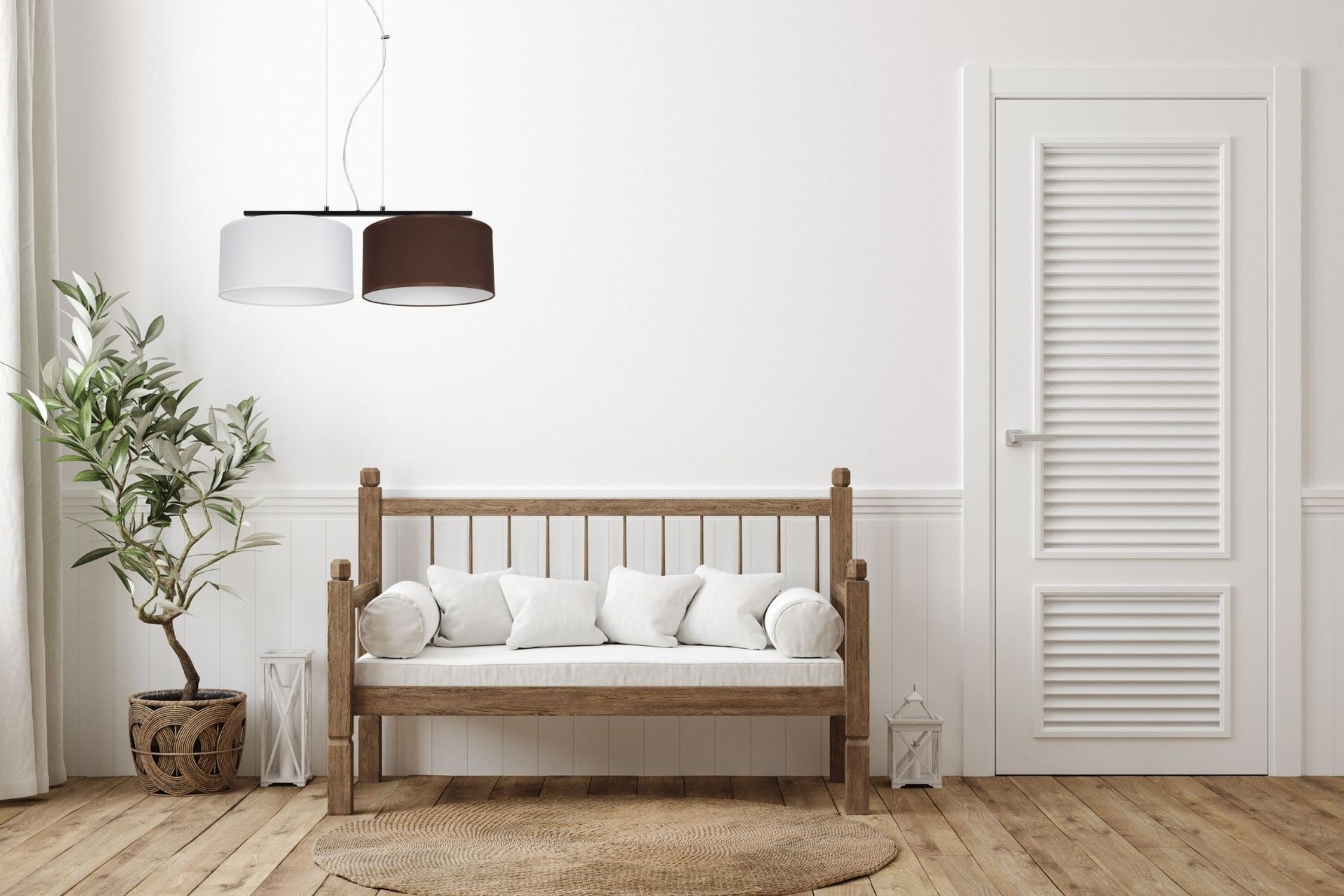 Stoff Pendelleuchte blendarm Weiß Braun E27 70 cm lang