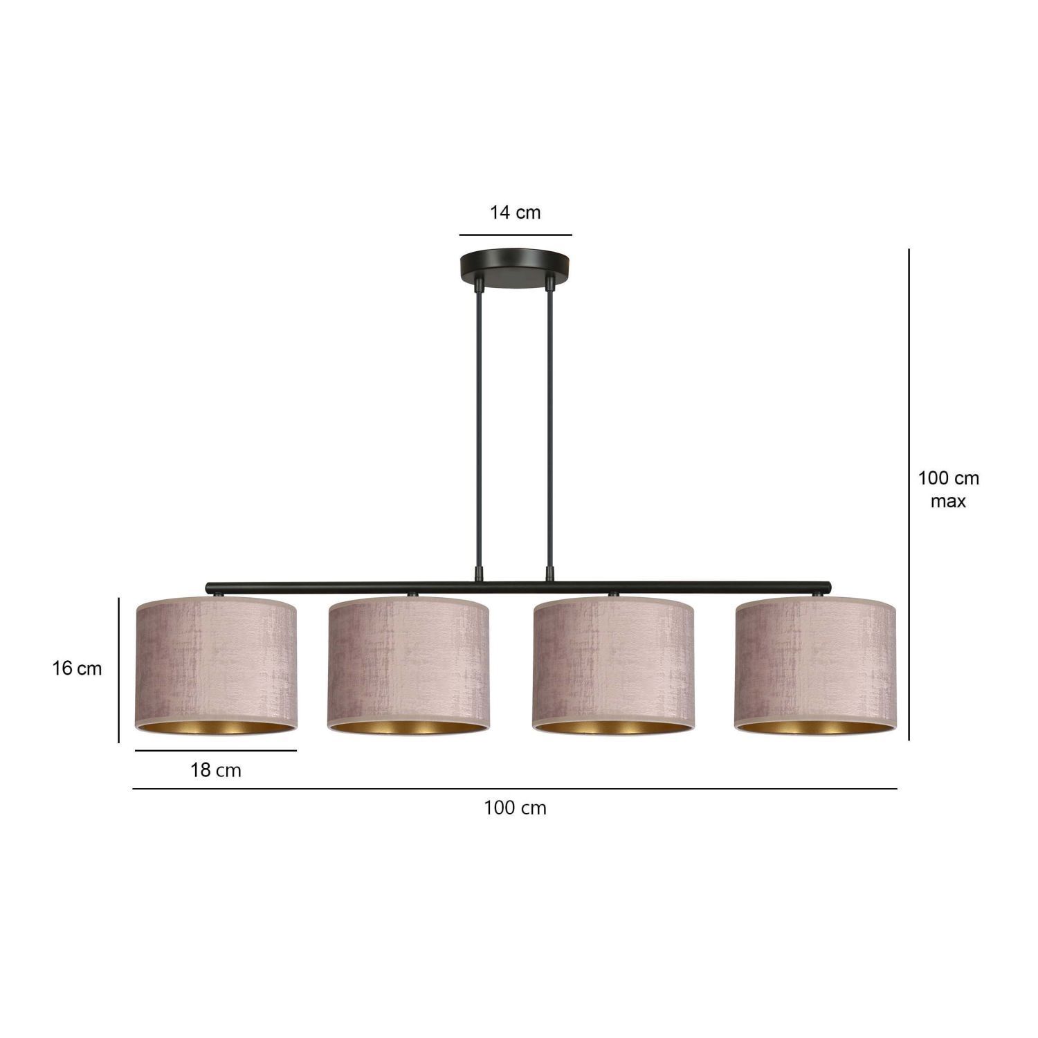 Hängelampe 4-flammig L: 97 cm Metall Stoff Rosa Gold E27