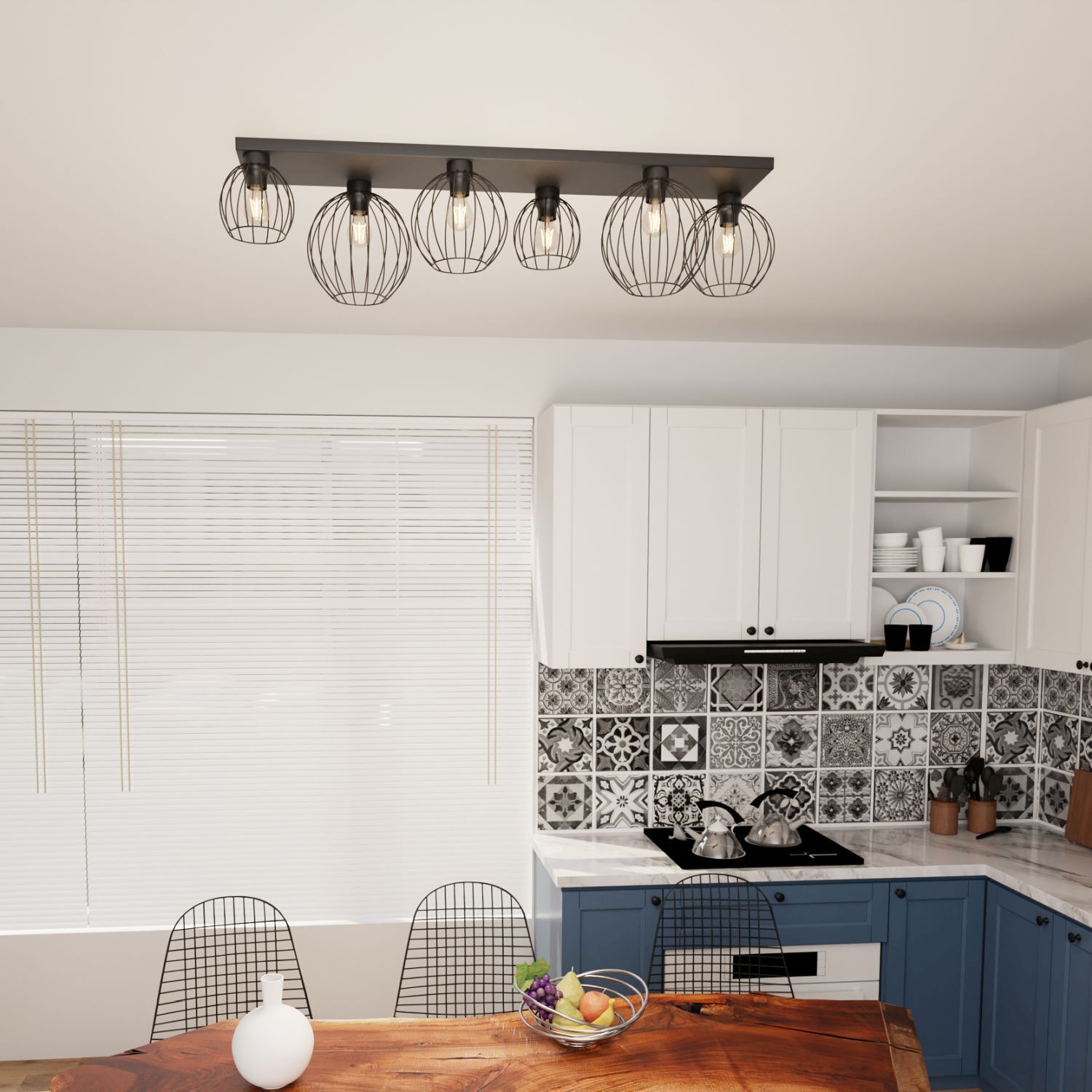 kitchen, pendant light, grid lamps, tile backsplash, table