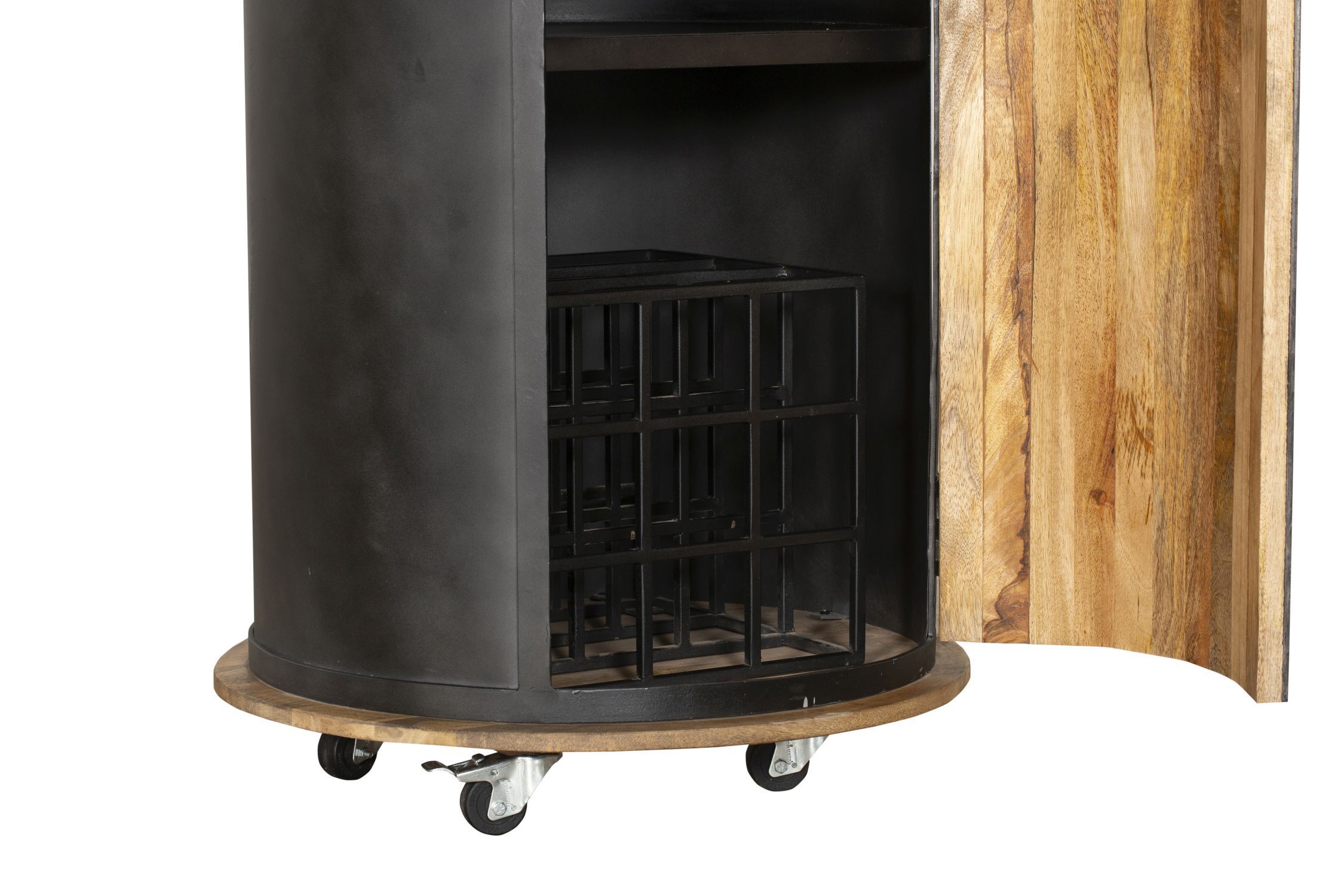 Weinschrank mit Rollen H: 155 cm Stahl Mangoholz Hausbar Kabinett, Mobiliar