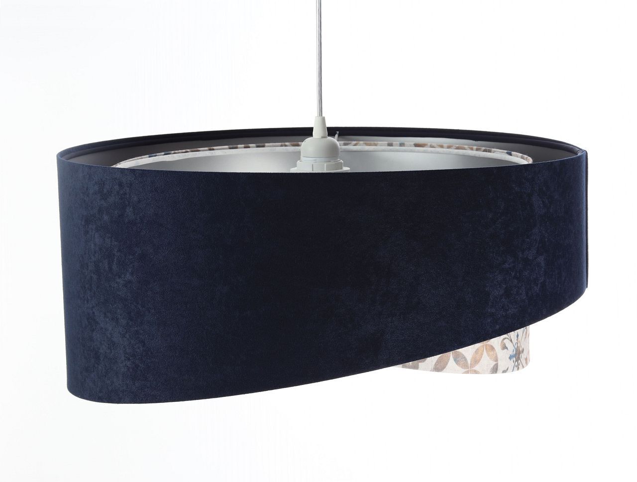 Hängeleuchte Stoff D: 50 cm Velours Optik Blau Beige Silber