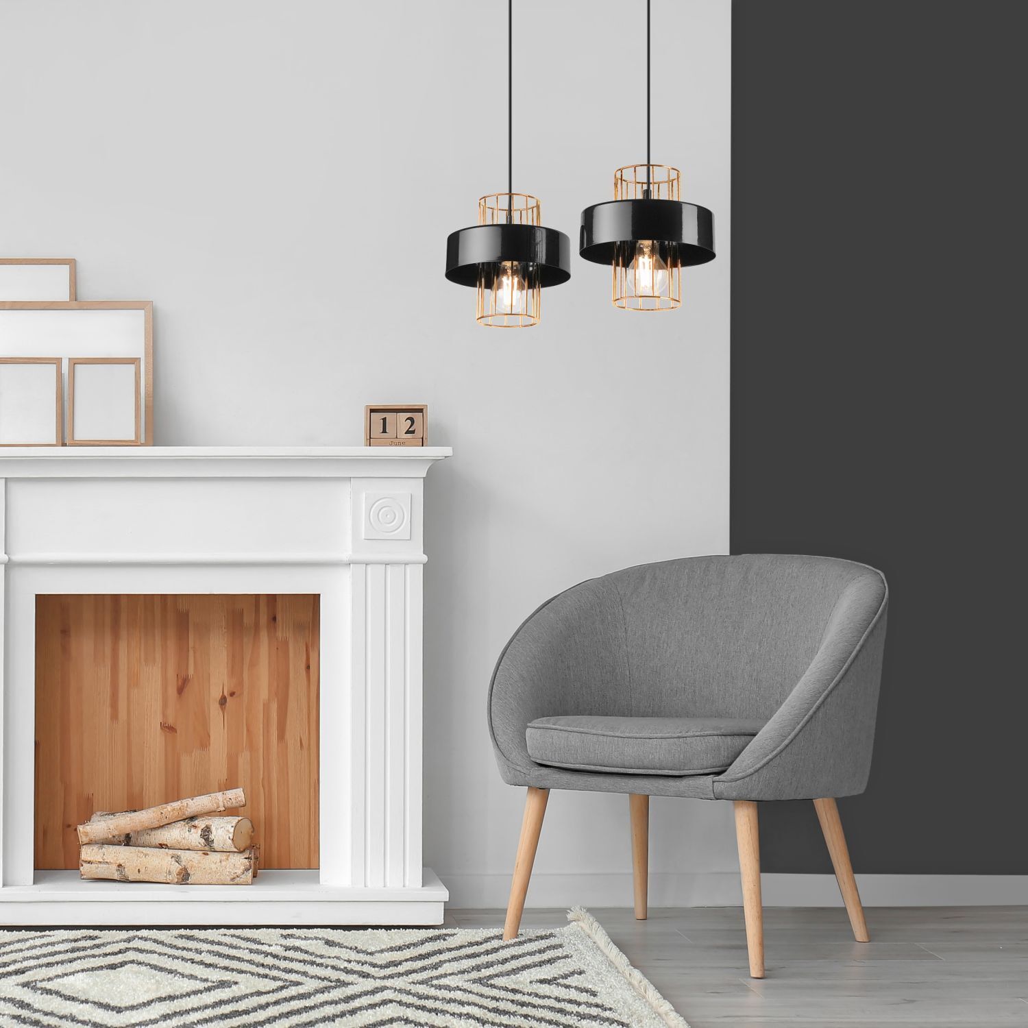 Pendelleuchte Schwarz Gold B: 40 cm Metall 2-flammig E27