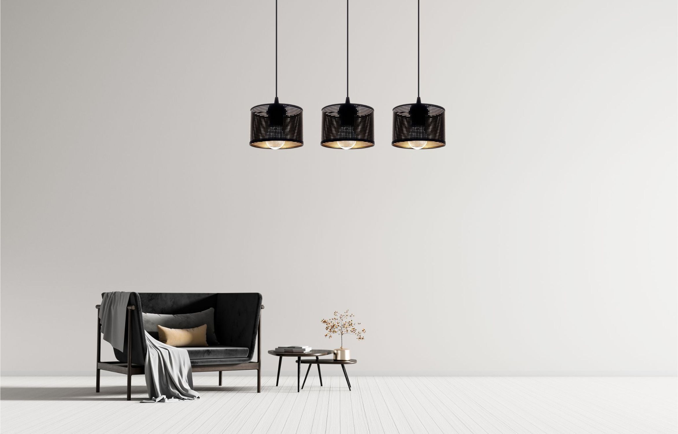 Lange Hängelampe Metall Schwarz Gold E27 3-flmg 65 cm sofa, wohnzimmer, lounge, couchtisch, pendelleuchten