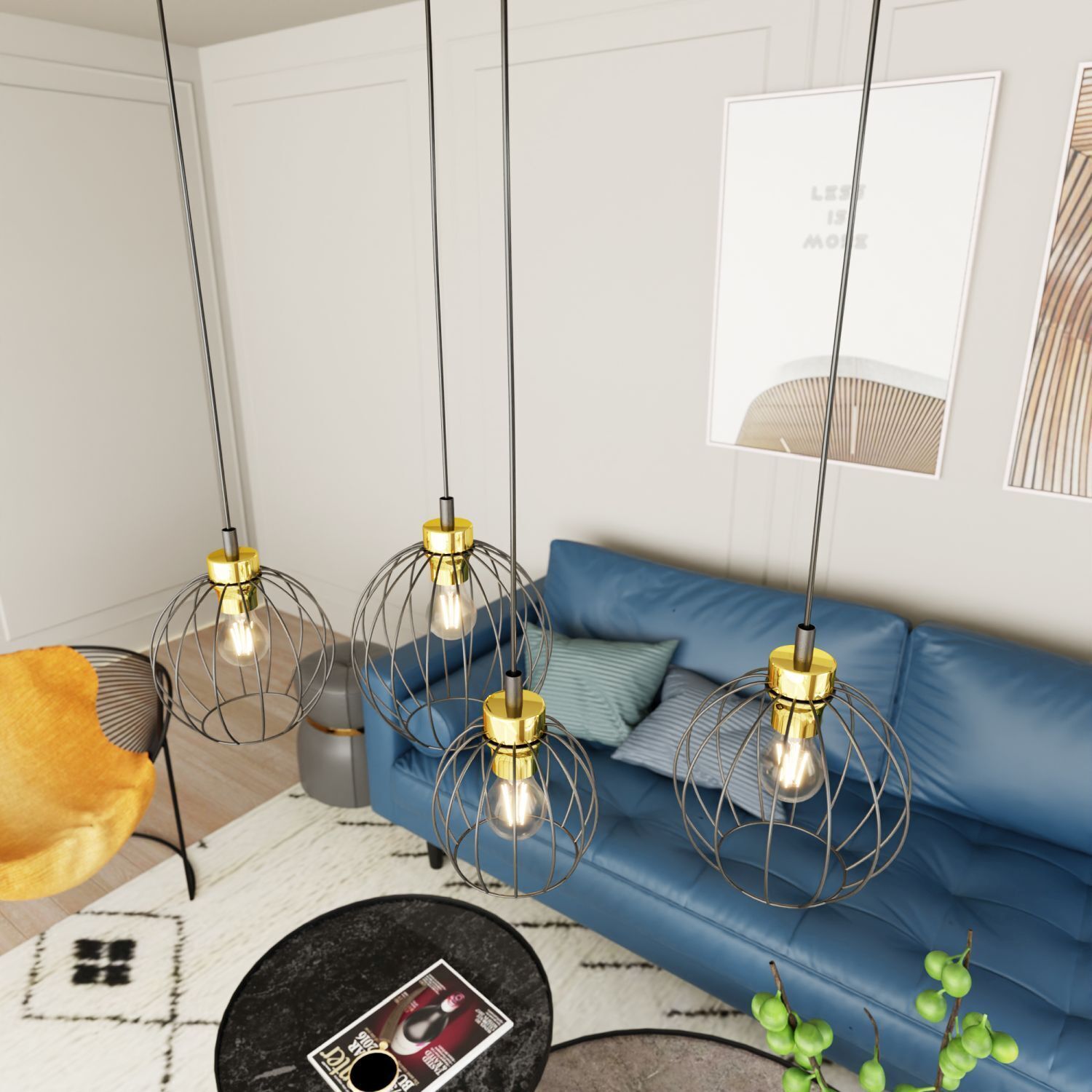 Längliche Hängelampe Schwarz Gold L:83 cm E27 stilvoll