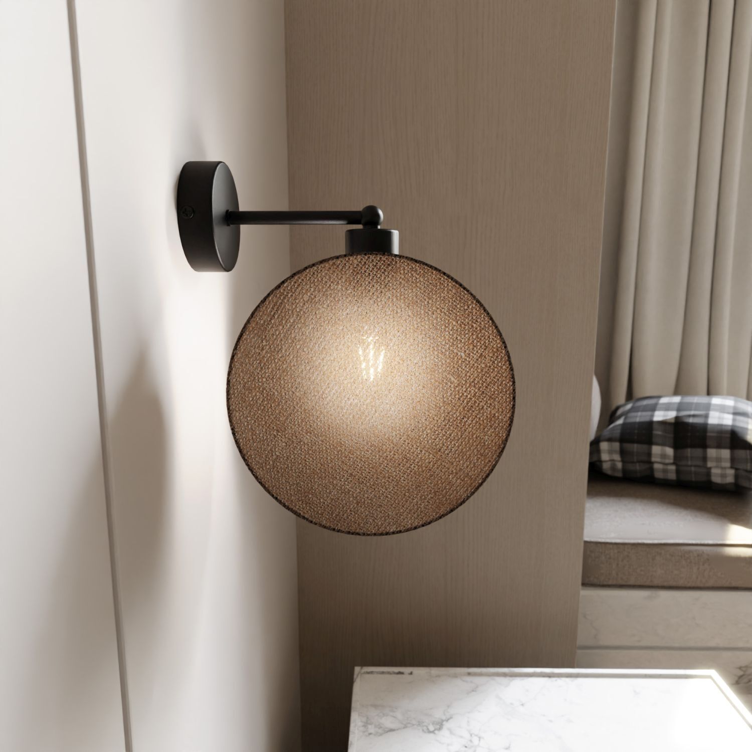 Wandlampe Stoff Metall Ø 20 cm rund Schwarz Beige E27 THAIS