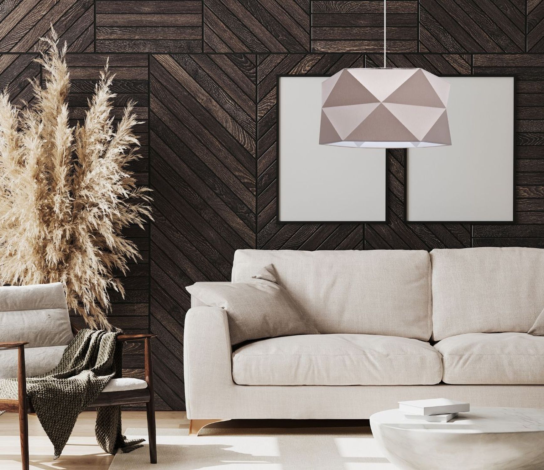 Pendelleuchte Stoffschirm Weiß Braun blendarm E27 L:70 Drinnen, Innenarchitektur, Lampe, Holzpaneele, Couch