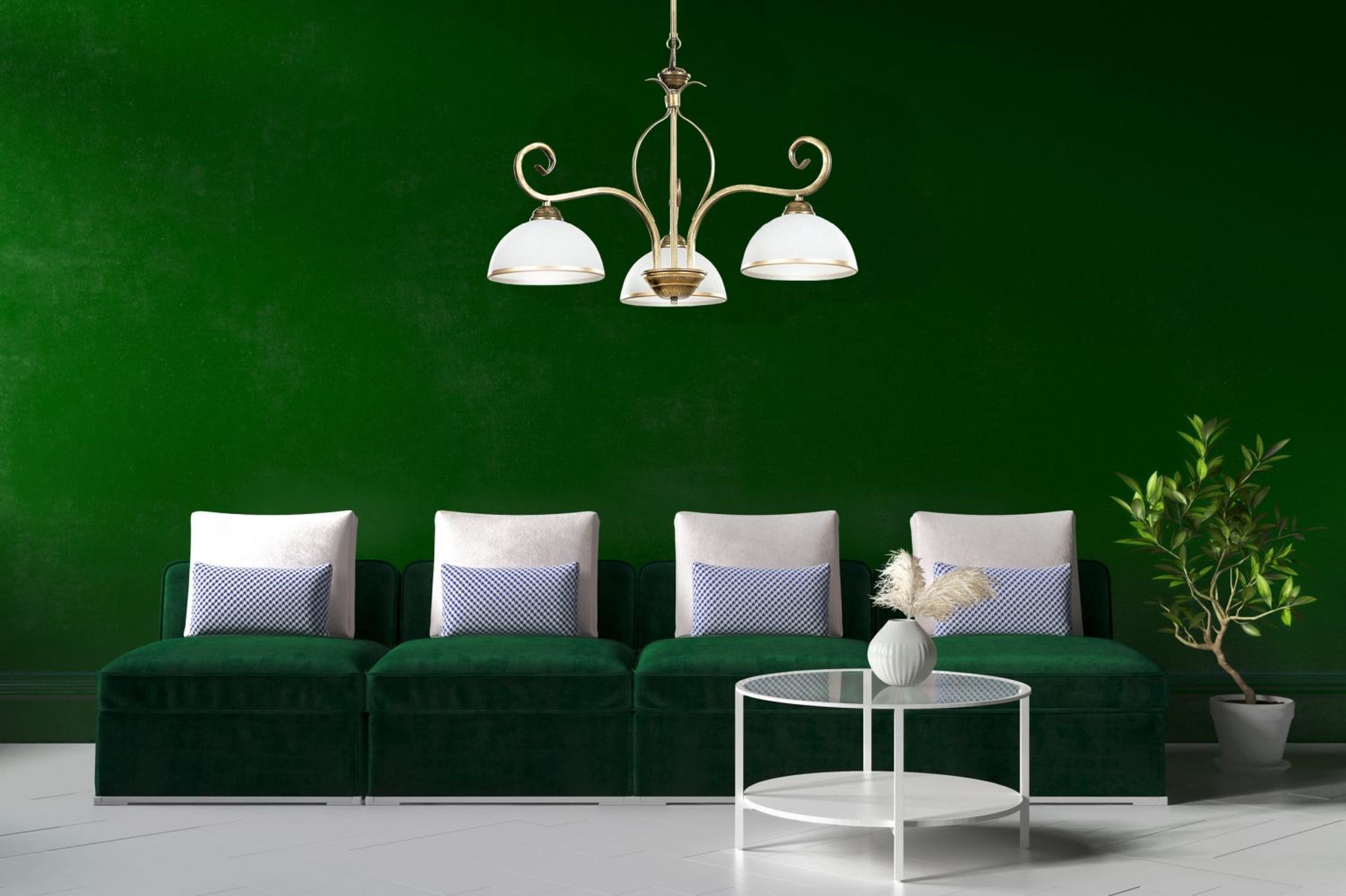 Deckenleuchte Gold Antik Weiß Glasschirm 3-flammig Couch, Wohnzimmer, Kissen, Dekoration für Zuhause, Innenarchitektur