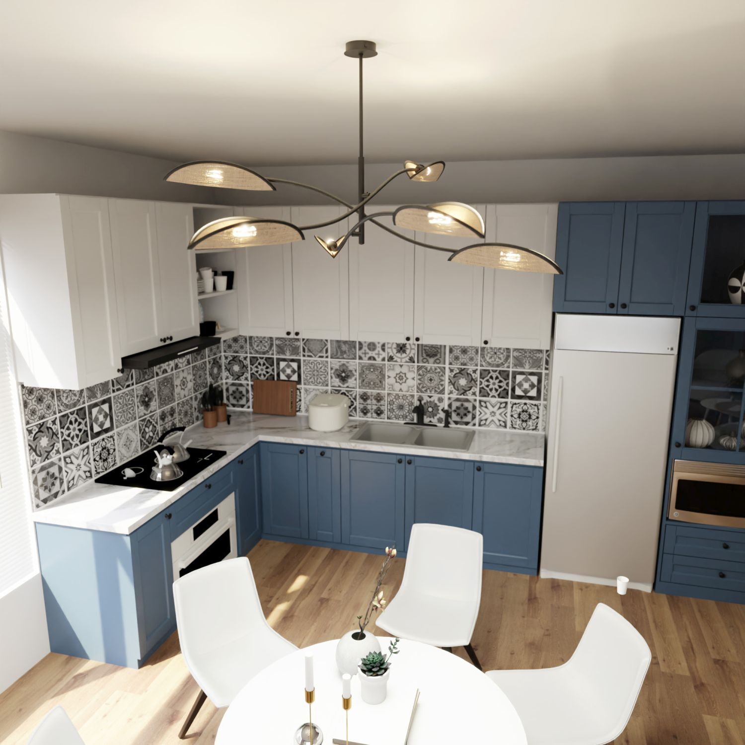 Deckenlampe Metall Rattan 102 cm lang drehbar E14 6-flammig Speisesaal, Esstisch, Drinnen, Küche, Innenarchitektur