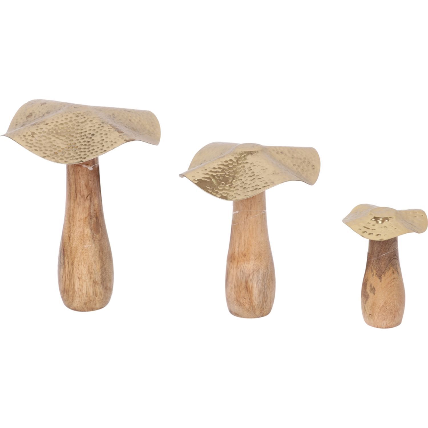 Deko Statuen 3er Set Pilze aus Mangoholz Eisen in Natur Gold