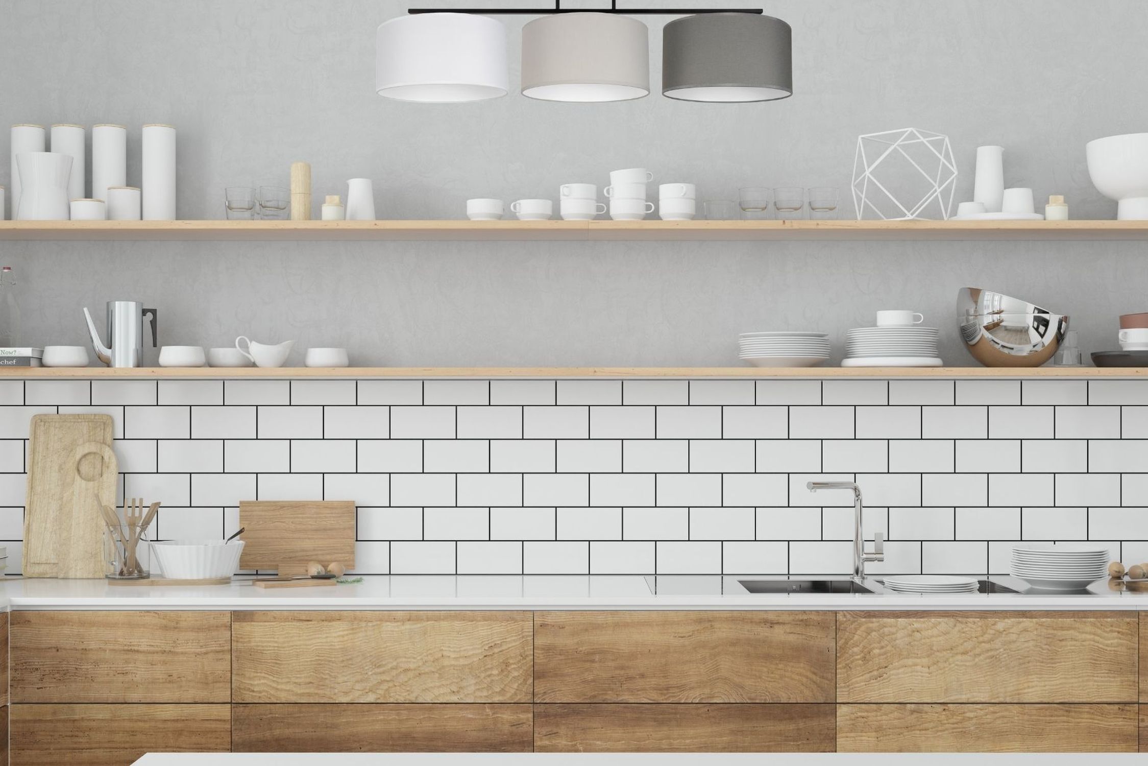 Deckenleuchte Stoff Weiß Ecru Graphit E27 L:100 cm Küche, Küche Unterschrank, offene Regale, weiße Fliesen, holzener Arbeitsplatte