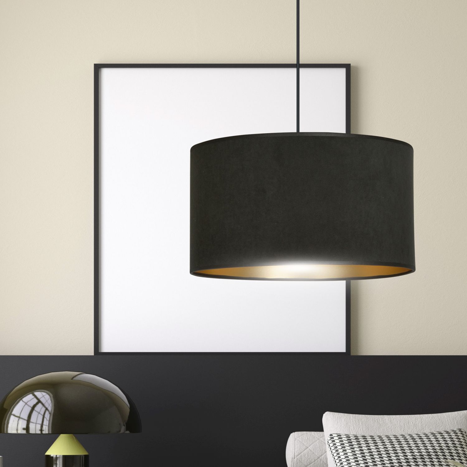 Pendelleuchte Schwarz Gold Ø 35 cm rund Stoff E27 CYRIL