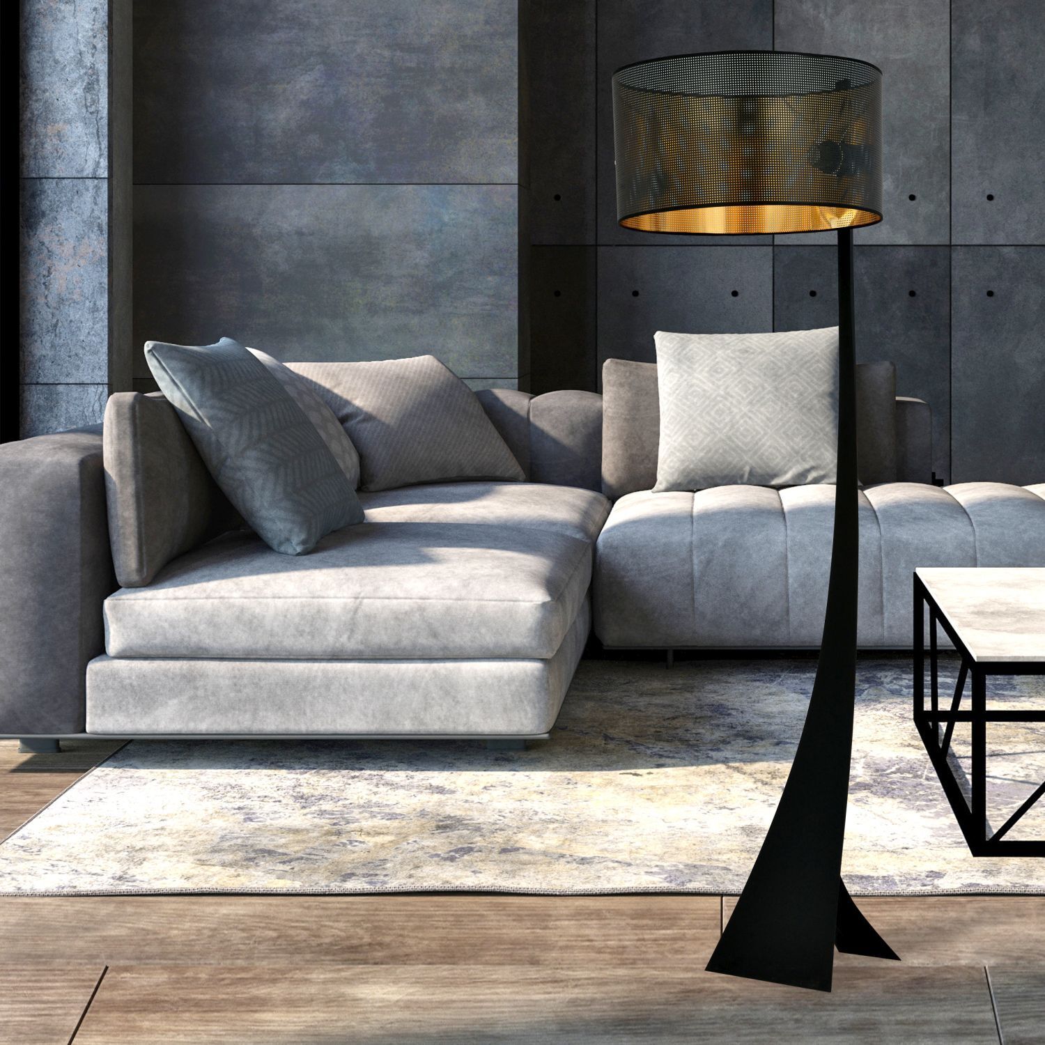 Stehleuchte Stoff Metall 157 cm Modern in Schwarz Gold E27 Lampe, Couch, Mobiliar, Stehlampe