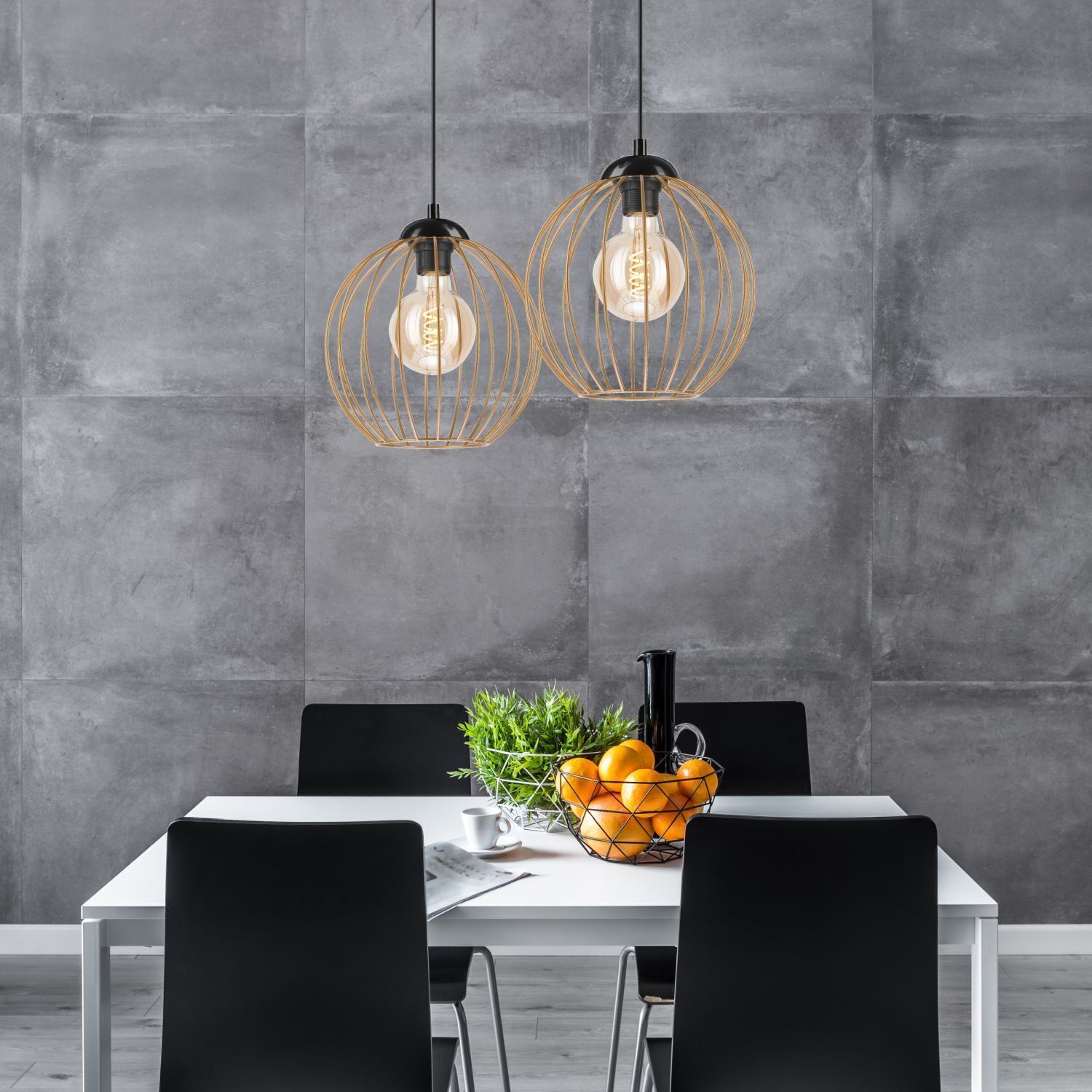 Hängeleuchte 2-flammig E27 in Schwarz Gold Metall Draht Speisesaal, Esstisch, Tisch, Innenarchitektur, Tischplatte