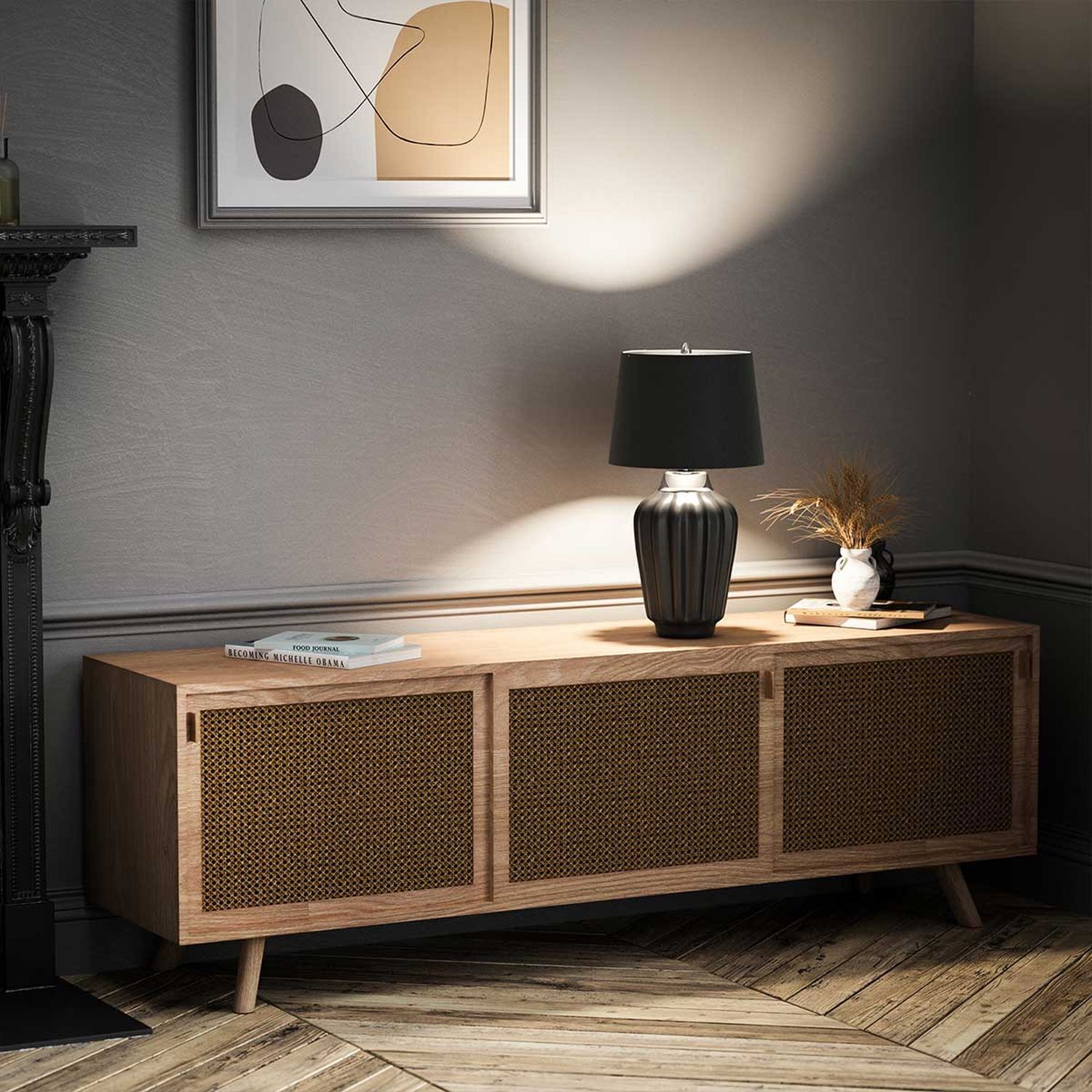 sideboard, Holzschrank, Rattanmesh, Mid-Century, Tischlampe Konsole
