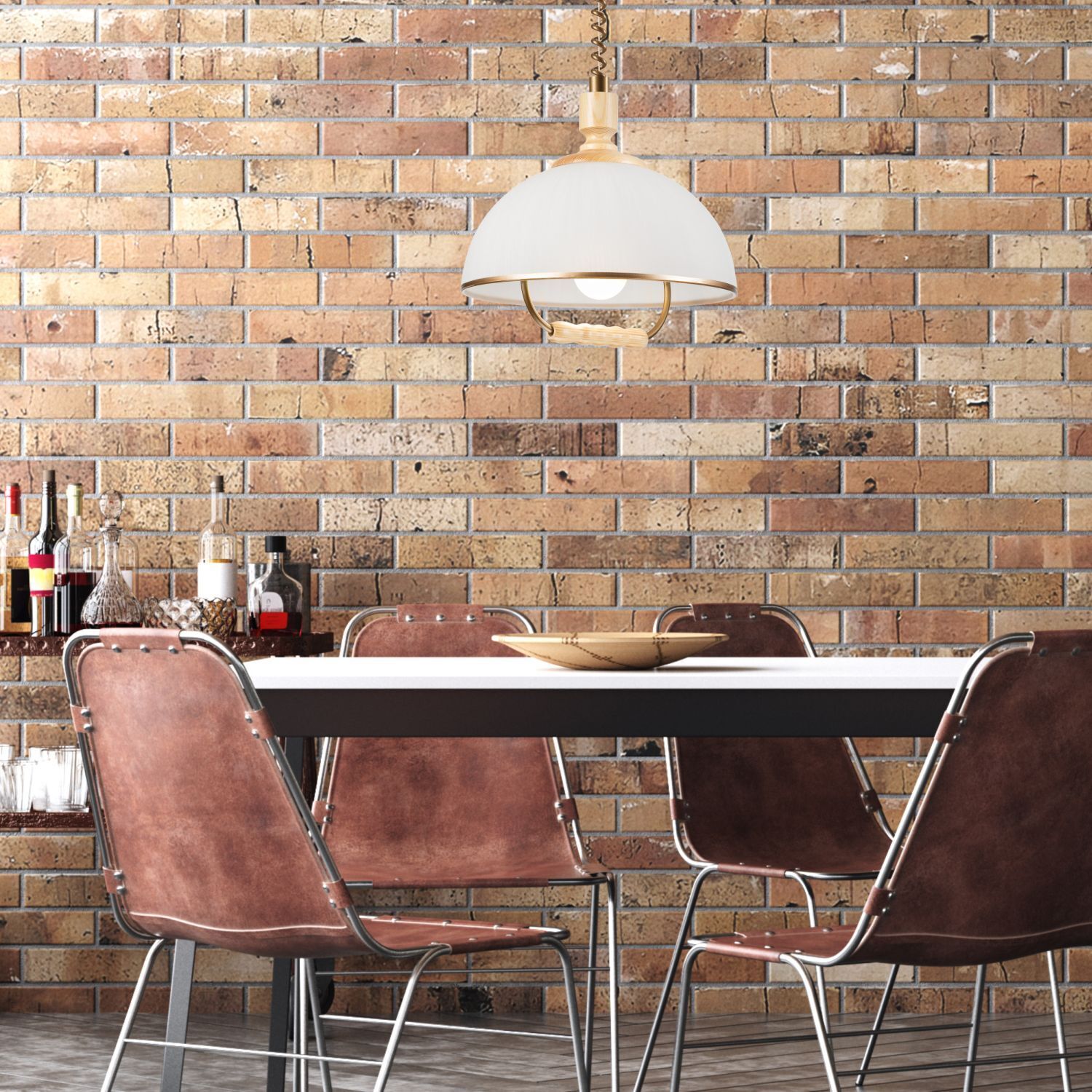 Industrie-/Küchenlampe, Hängelampe, Weißer Lampenschirm, Metallrahmen Stühle, Backside leather chairs