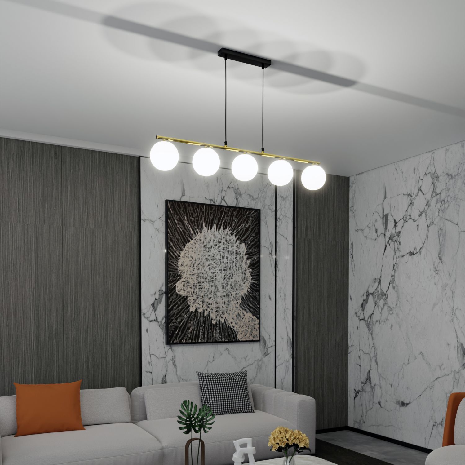 Pendelleuchte Schwarz Weiß Gold E14 Glas Metall 105 cm lang