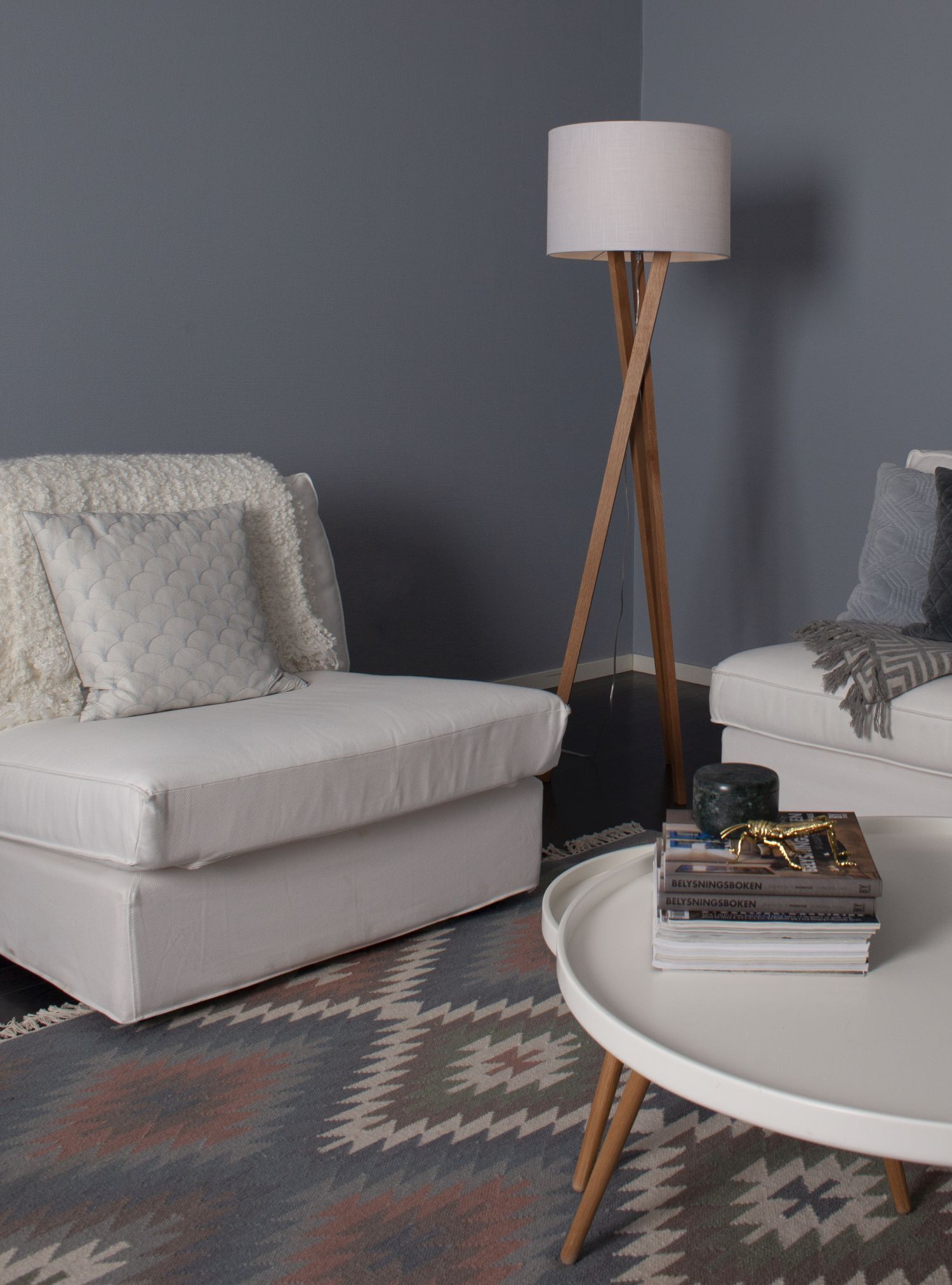 Stehlampe Holz Stoff E27 160 cm Dreibein Eiche Weiß Lampe, Stehlampe, Mobiliar