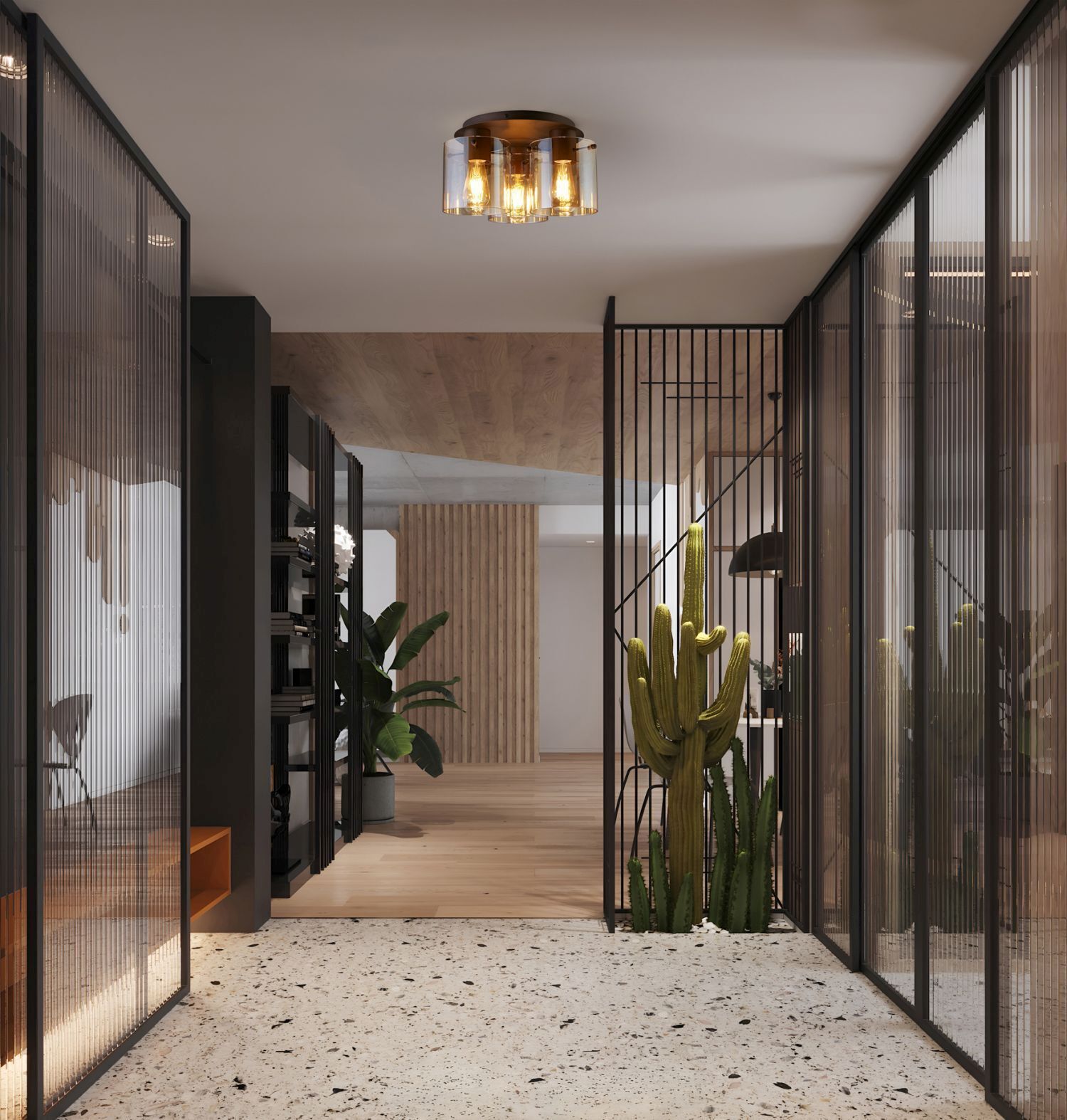 Deckenleuchte Glas Metall in Mokka Bernstein 3-flammig Drinnen, Innenarchitektur, Fußboden, Gebäude, Foyer